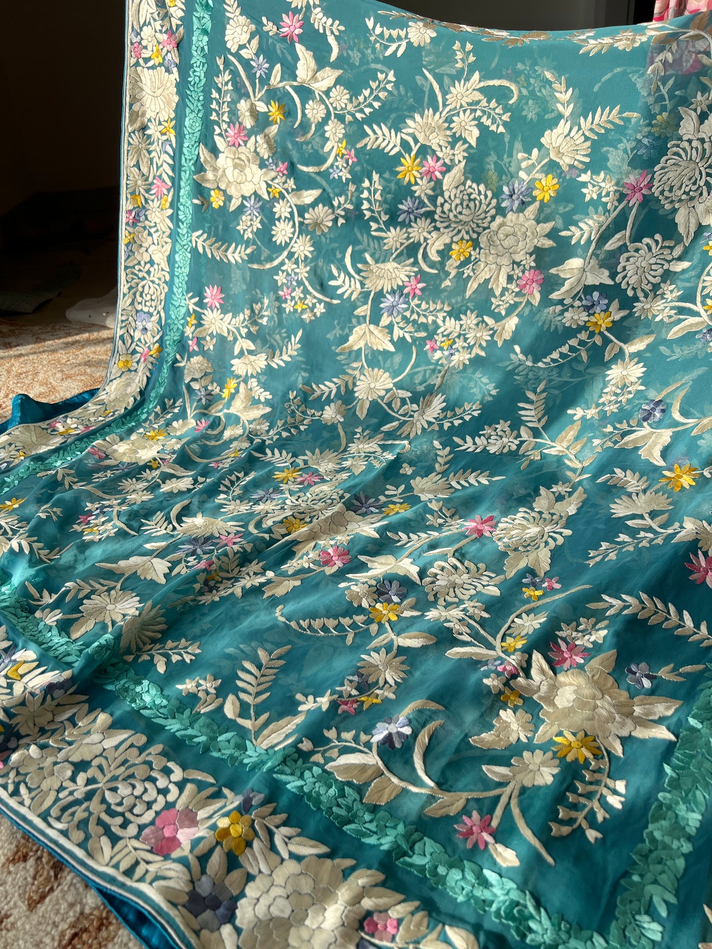 Firozi masterpiece Parsi Gara Dupatta Hand Embroidered