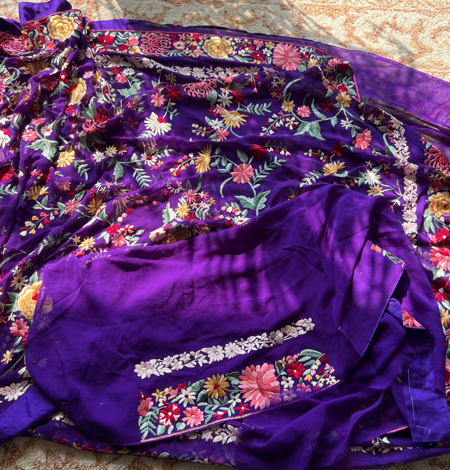 Aubergine purple floral Masterpiece Parsi Gara Pure Georgette Saree