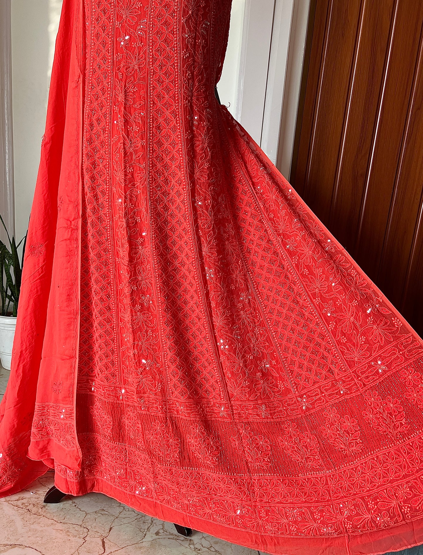 Coral Orange Chikankari Cut Dana and sequins Anarkali with Dupatta