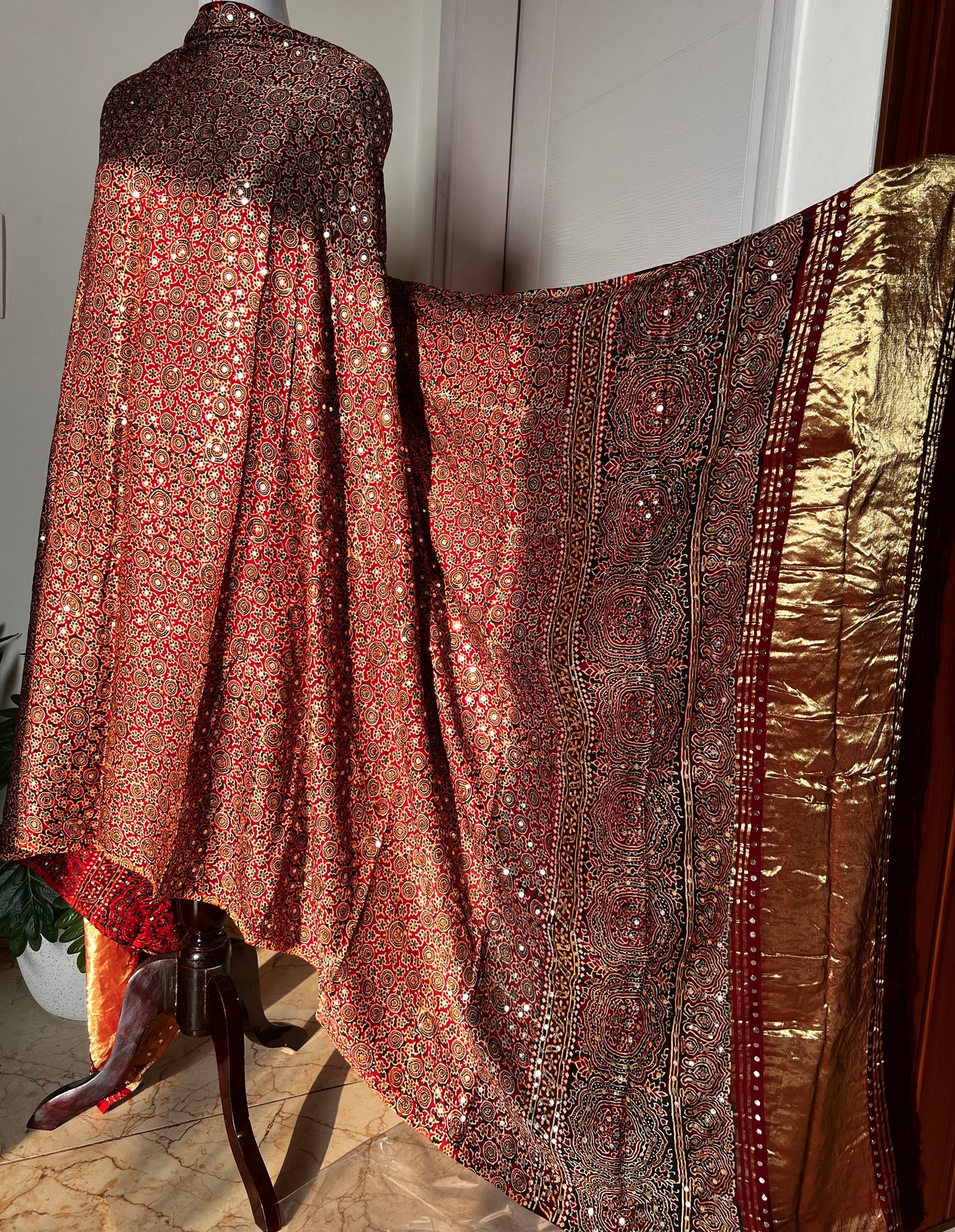 Maroon modal silk ajrakh block printed dupatta with heavy mukaish
