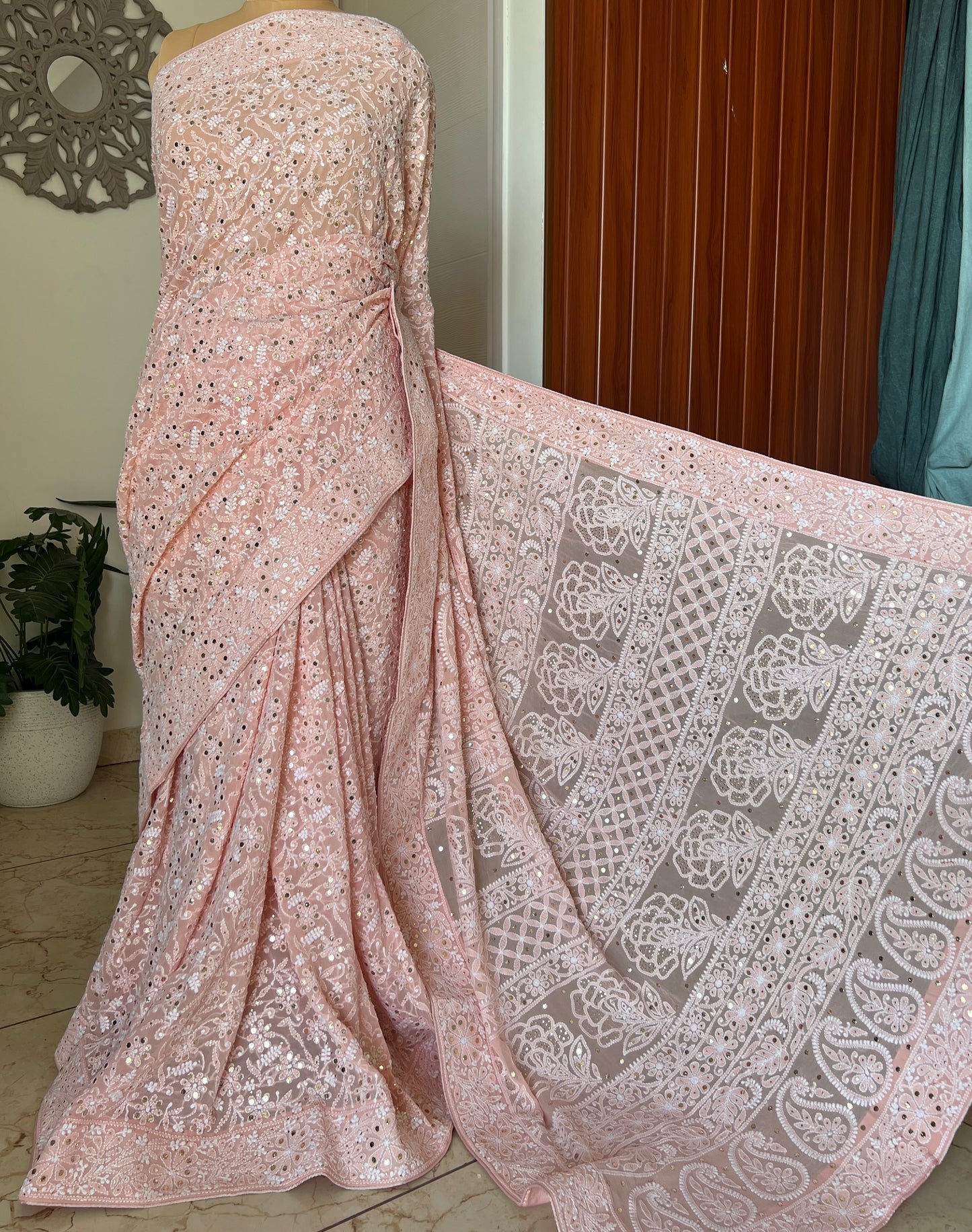 Ruhani Peachish Pink Allover Fine Chikankari and Mukaish Saree