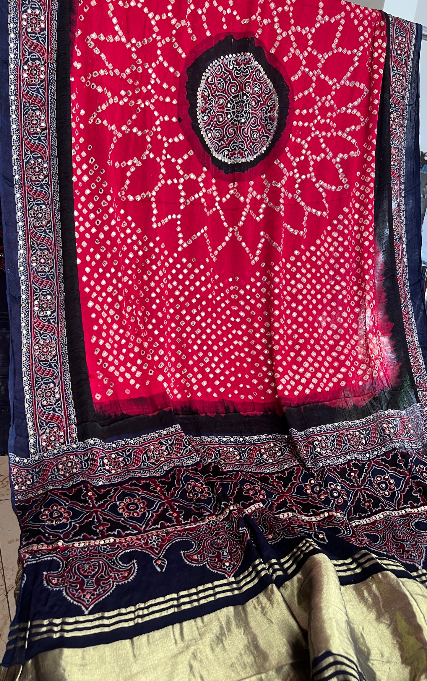 Blue & Magenta modal silk ajrakh and bandhej dupatta with heavy mukaish