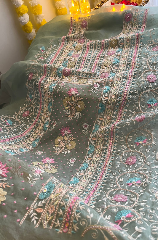 Ruhani Sage Green fine Chikankari pure Organza kurta with dupatta