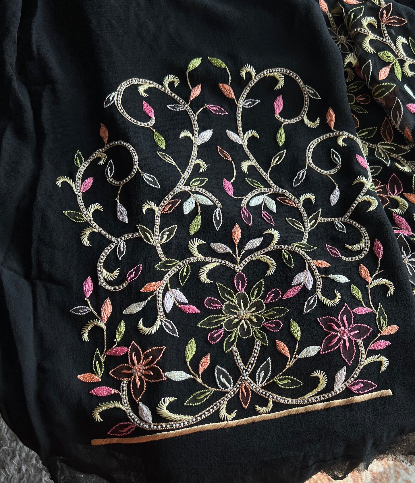Black Resham Chikankari Parsi Gara and pearl work suit