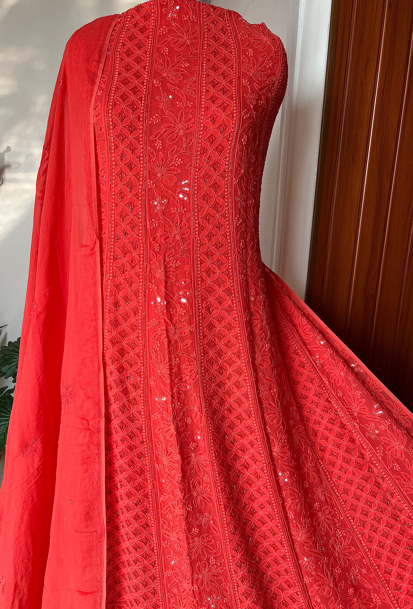 Coral Orange Chikankari Cut Dana and sequins Anarkali with Dupatta
