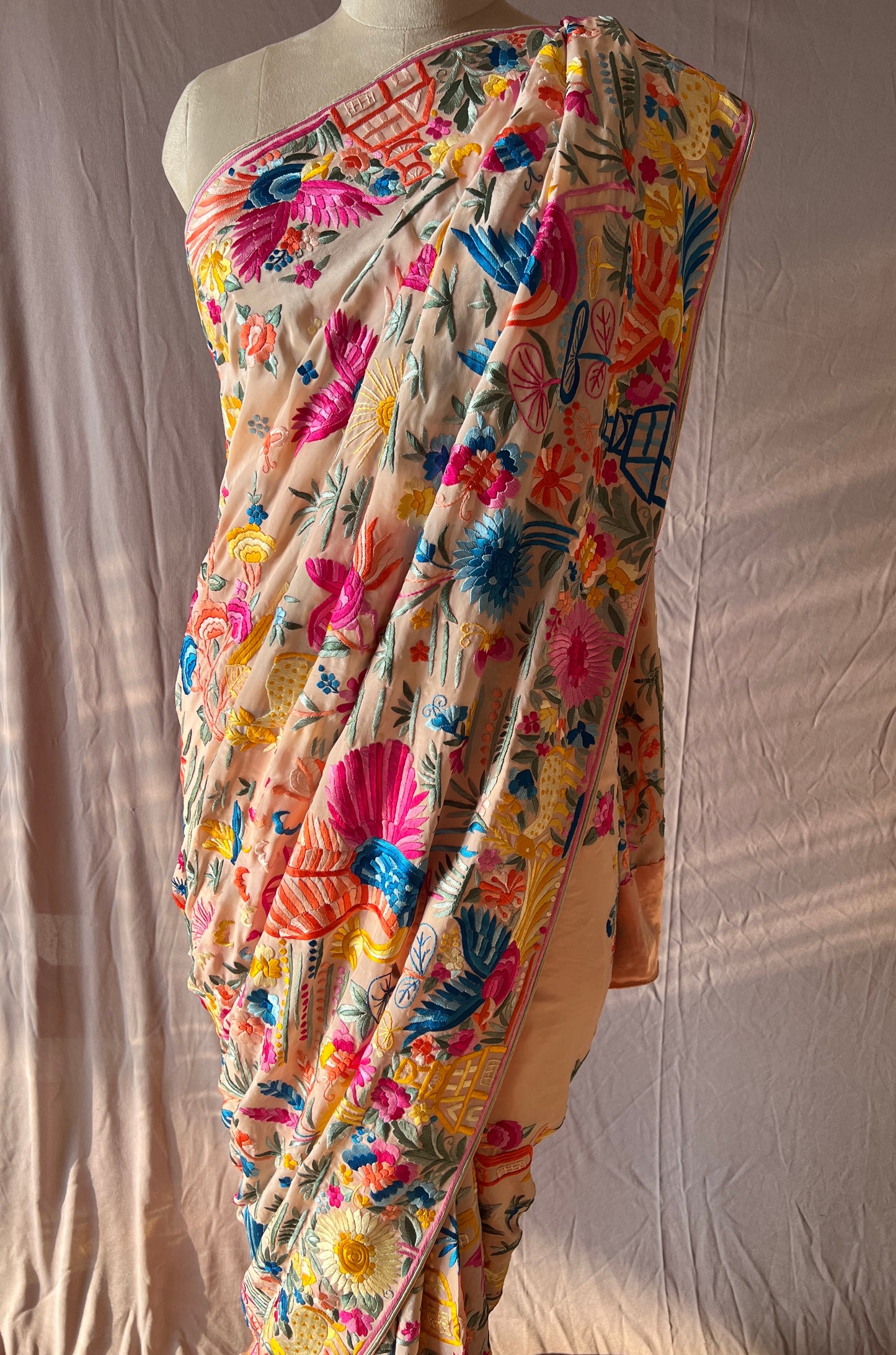 Flora and Fauna Parsi Gara Allover Hand Embroidered Saree on Pure Crepe