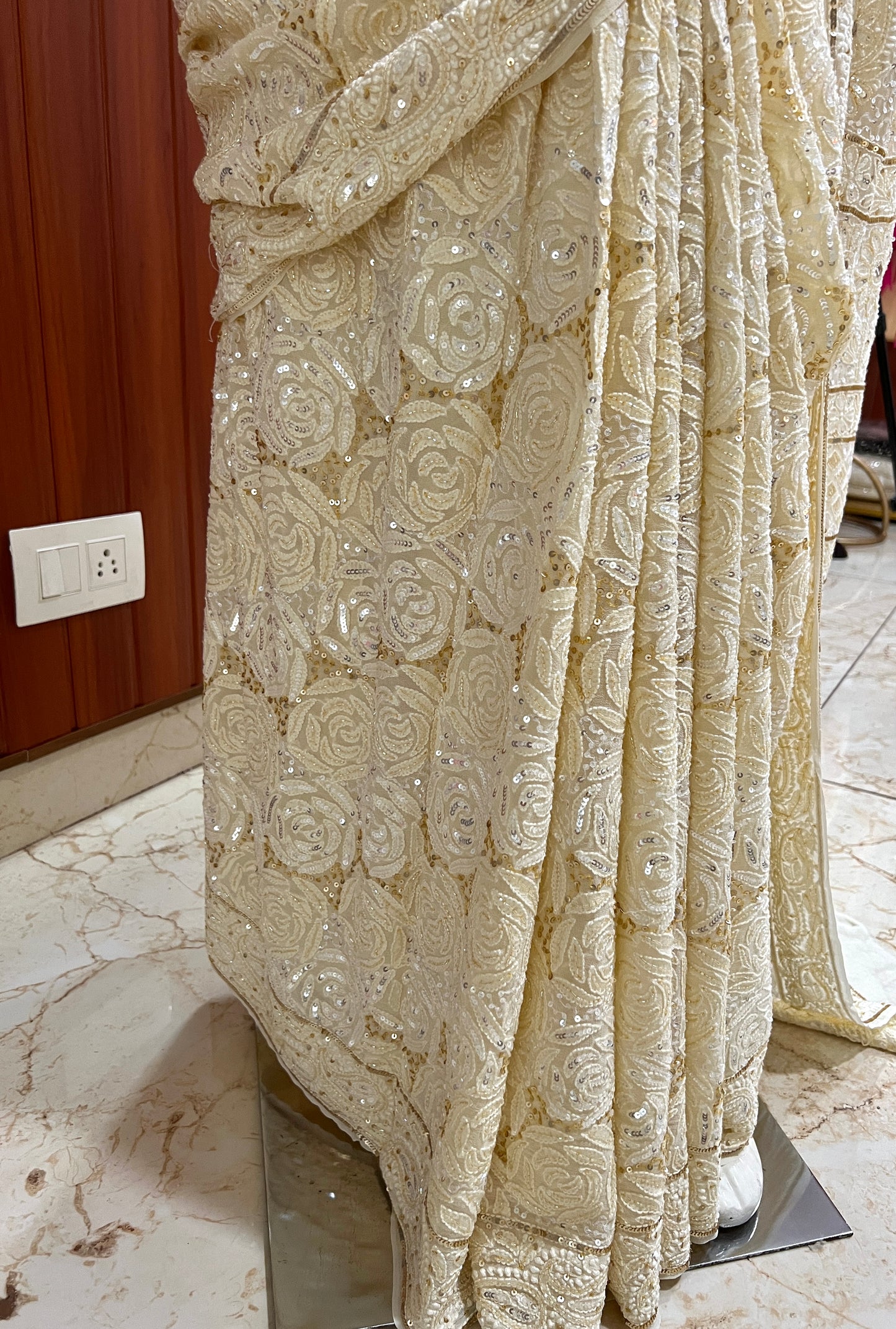 Ruhani Ivory Chikankari Sequins Cut Dana Embroidered Masterpiece Saree