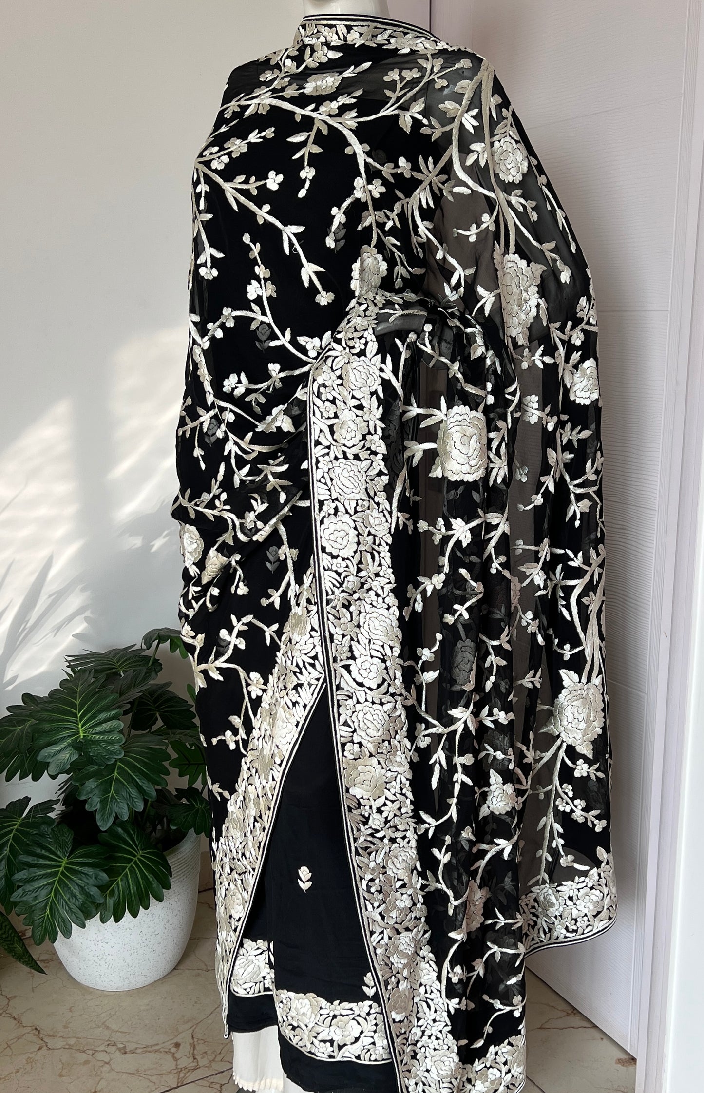Black Masterpiece Hand Embroidered Parsi Gara jaal dupatta with kurta
