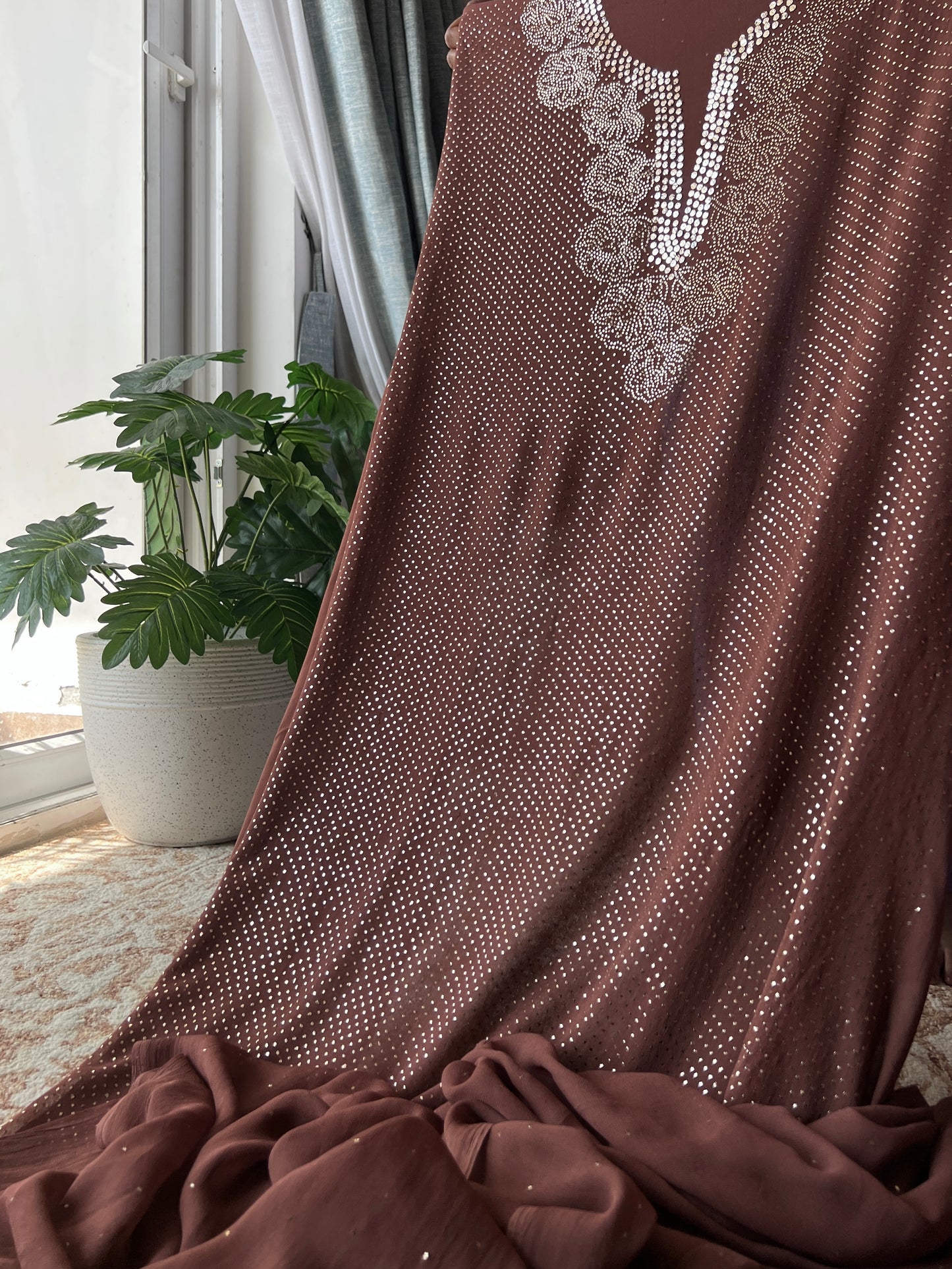 Brown bareek mukaish work Kurta and Dupatta