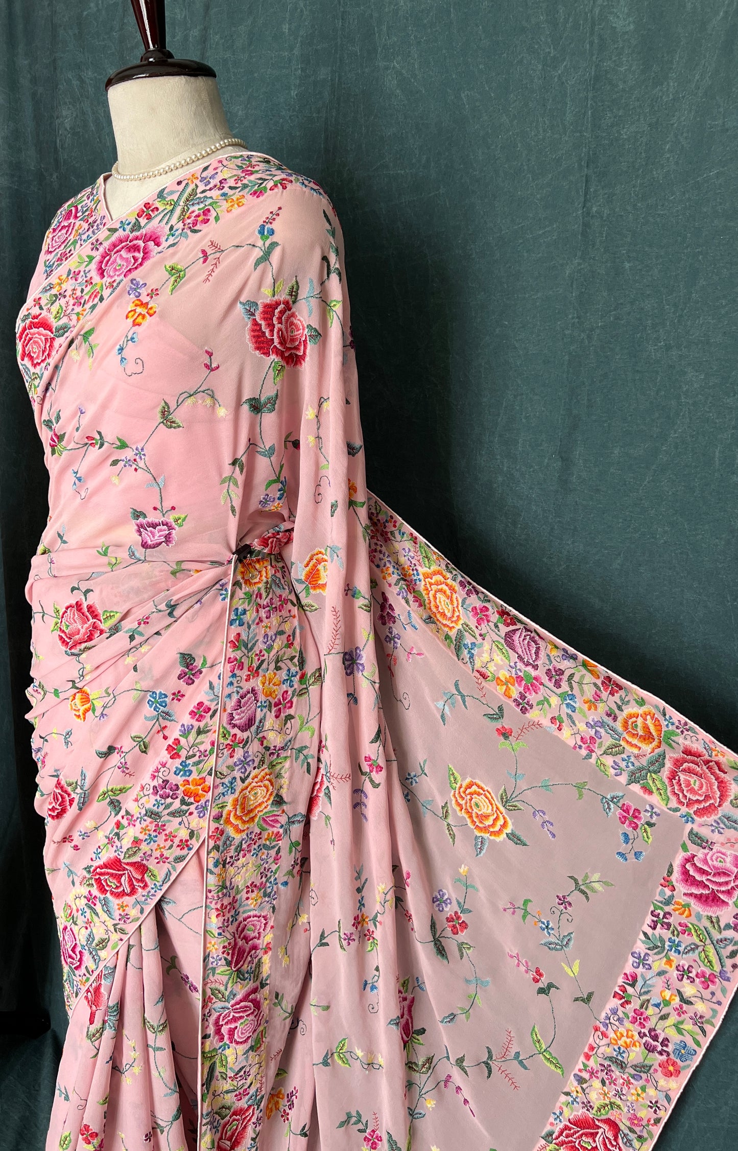 Blush Pink Masterpiece Petit Point Hand Embroidered Saree