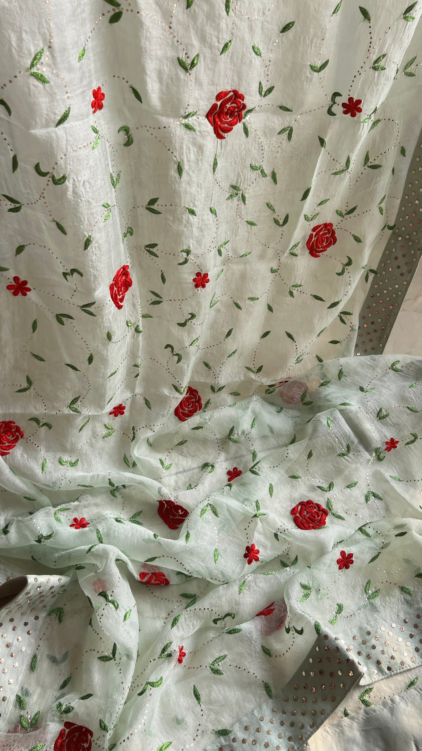 Ruhani Pista green Pure Organza Saree with Resham and Mukaish Work