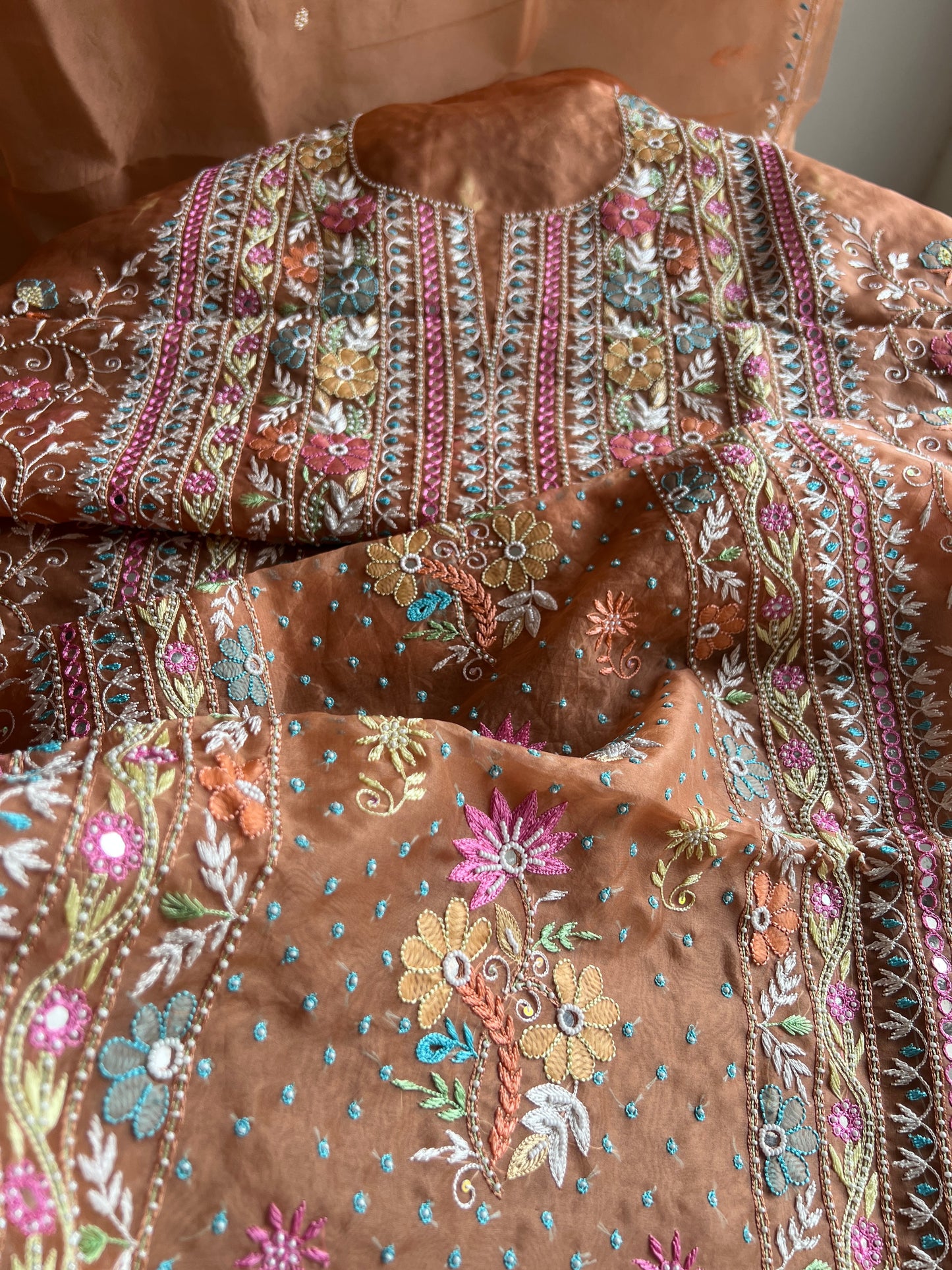 Ruhani Orange fine Chikankari pure Organza kurta with dupatta