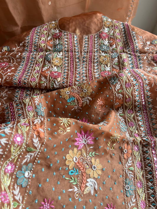 Ruhani Orange fine Chikankari pure Organza kurta with dupatta