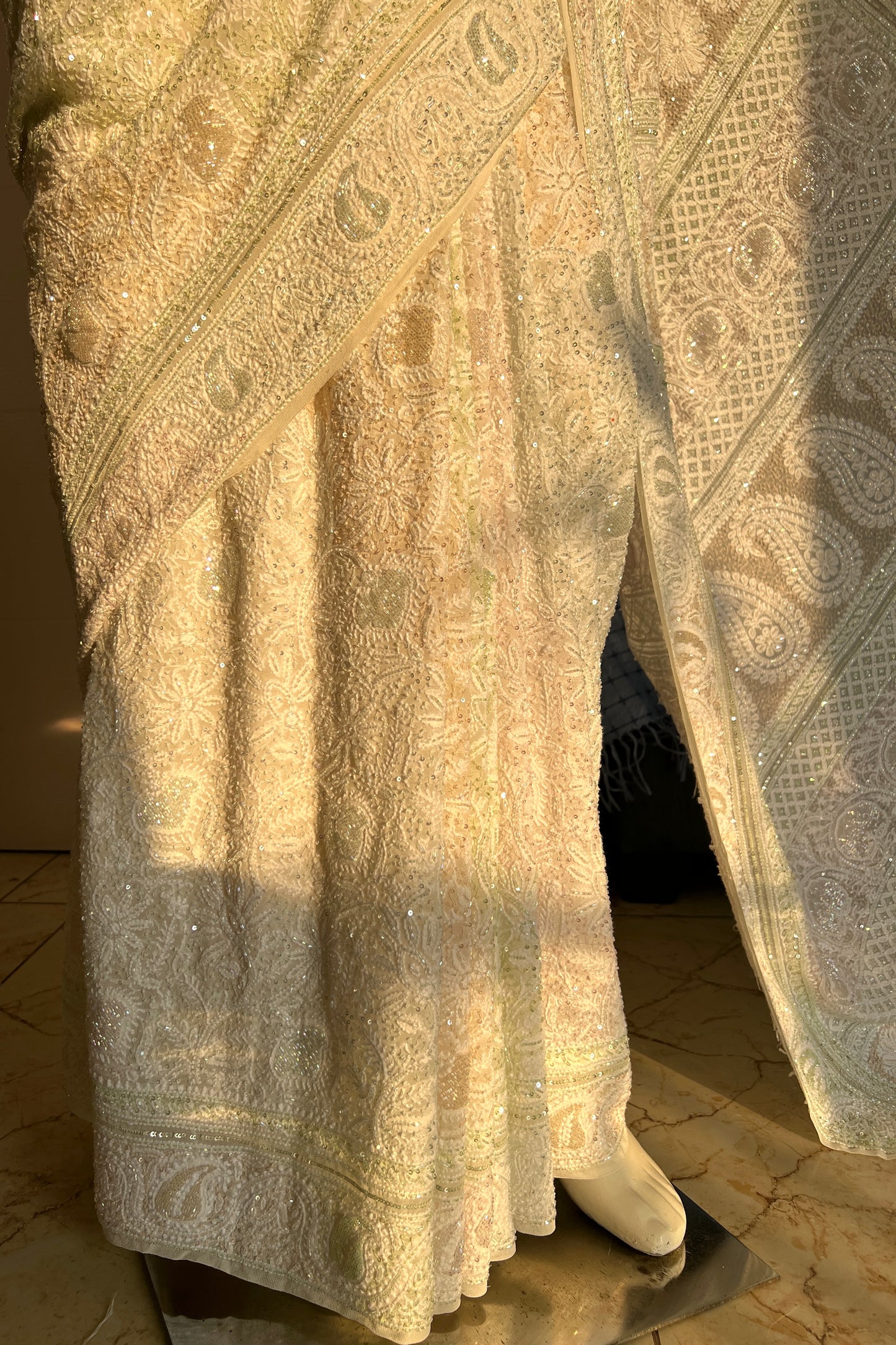 Ruhani Ivory Chikankari Multi Cut Dana and Sequins Saree