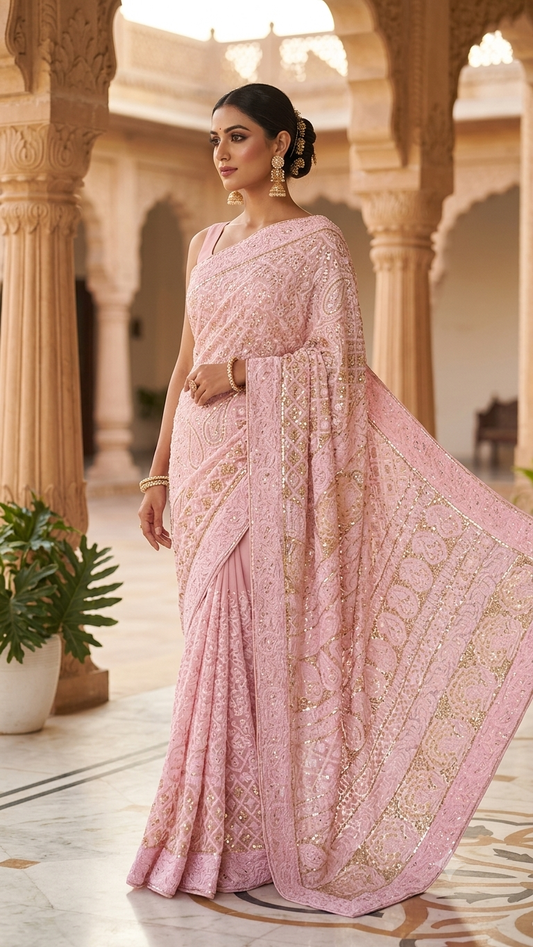 Ruhani Rose Pink Chikankari Sequins Cut Dana Embroidered Masterpiece Saree