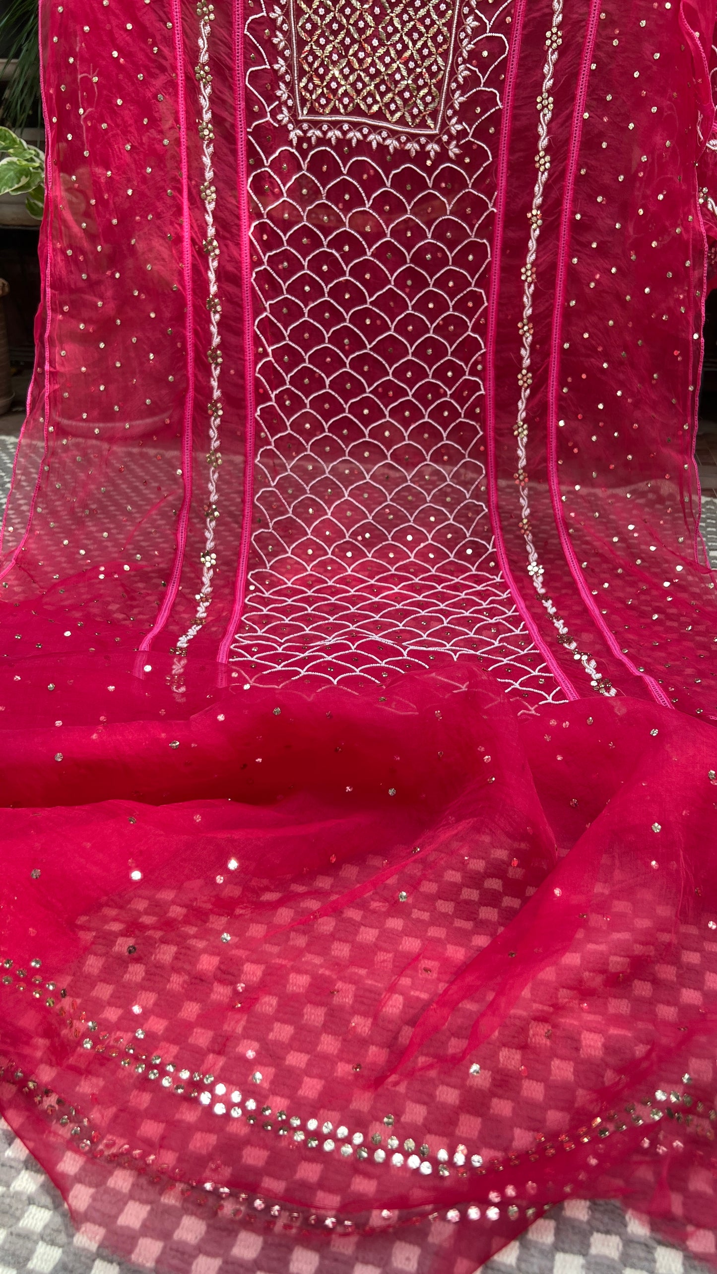 Fuchsia Pink Mukaish Pearl work Pure Organza kurta with dupatta