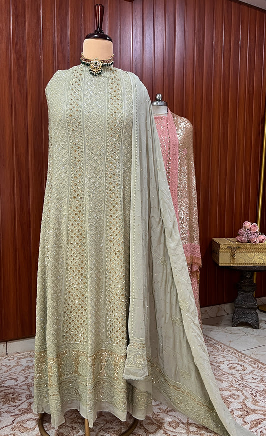 Ruhani Sage green Chikankari Sequins and Cut Dana Anarkali