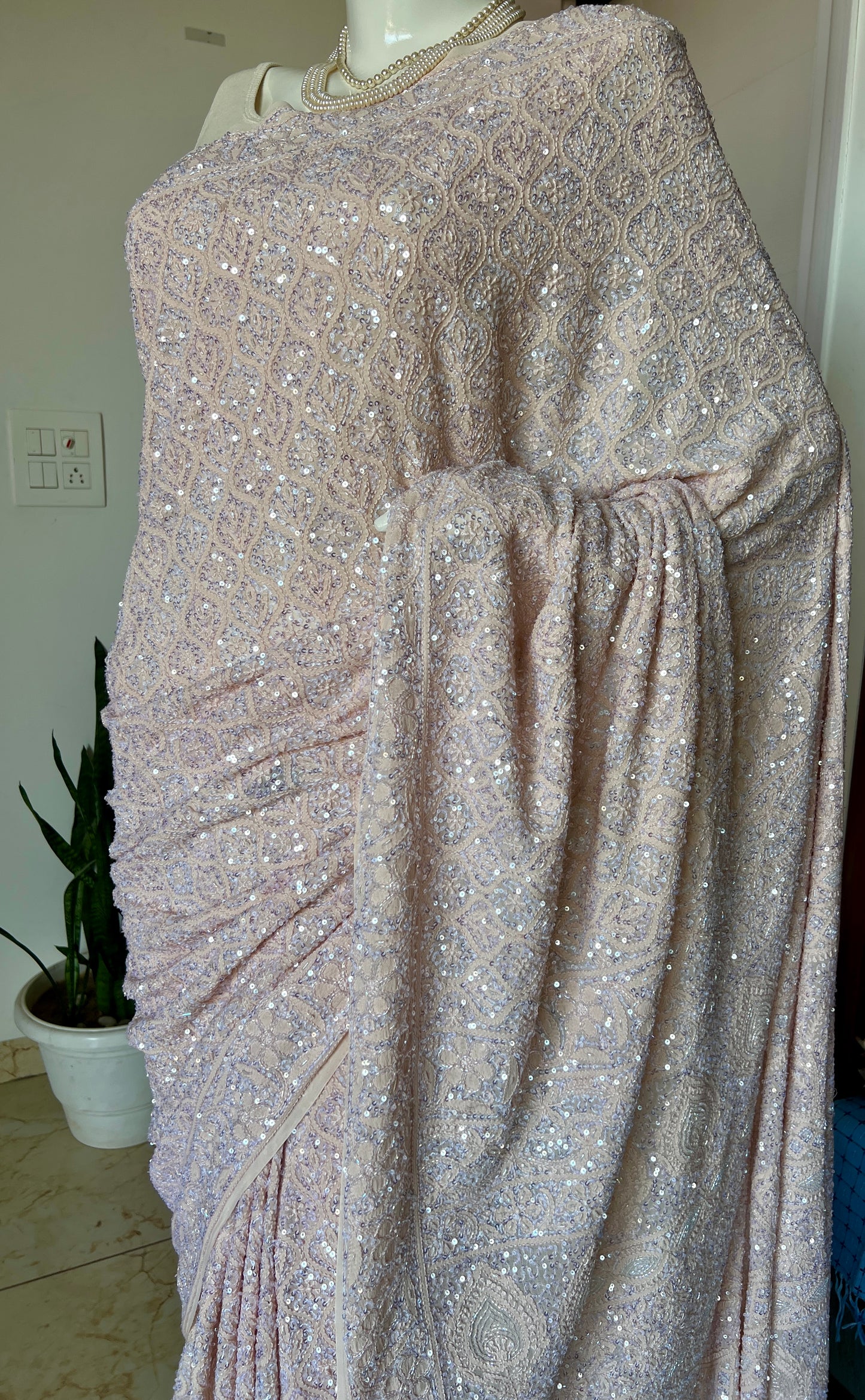 Ruhani Beige Chikankari Sequins Cut Dana Embroidered Masterpiece Saree