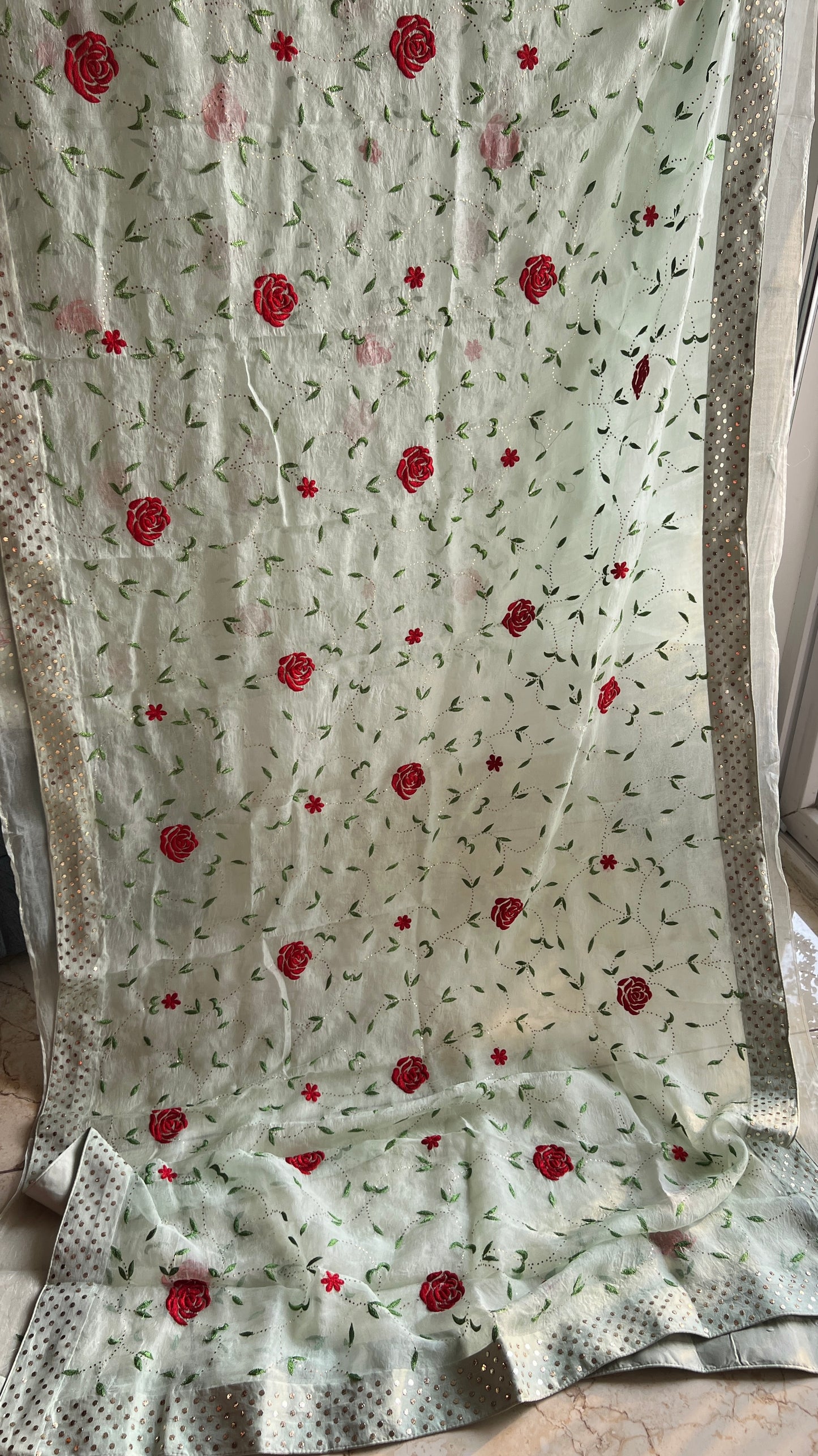 Ruhani Pista green Pure Organza Saree with Resham and Mukaish Work