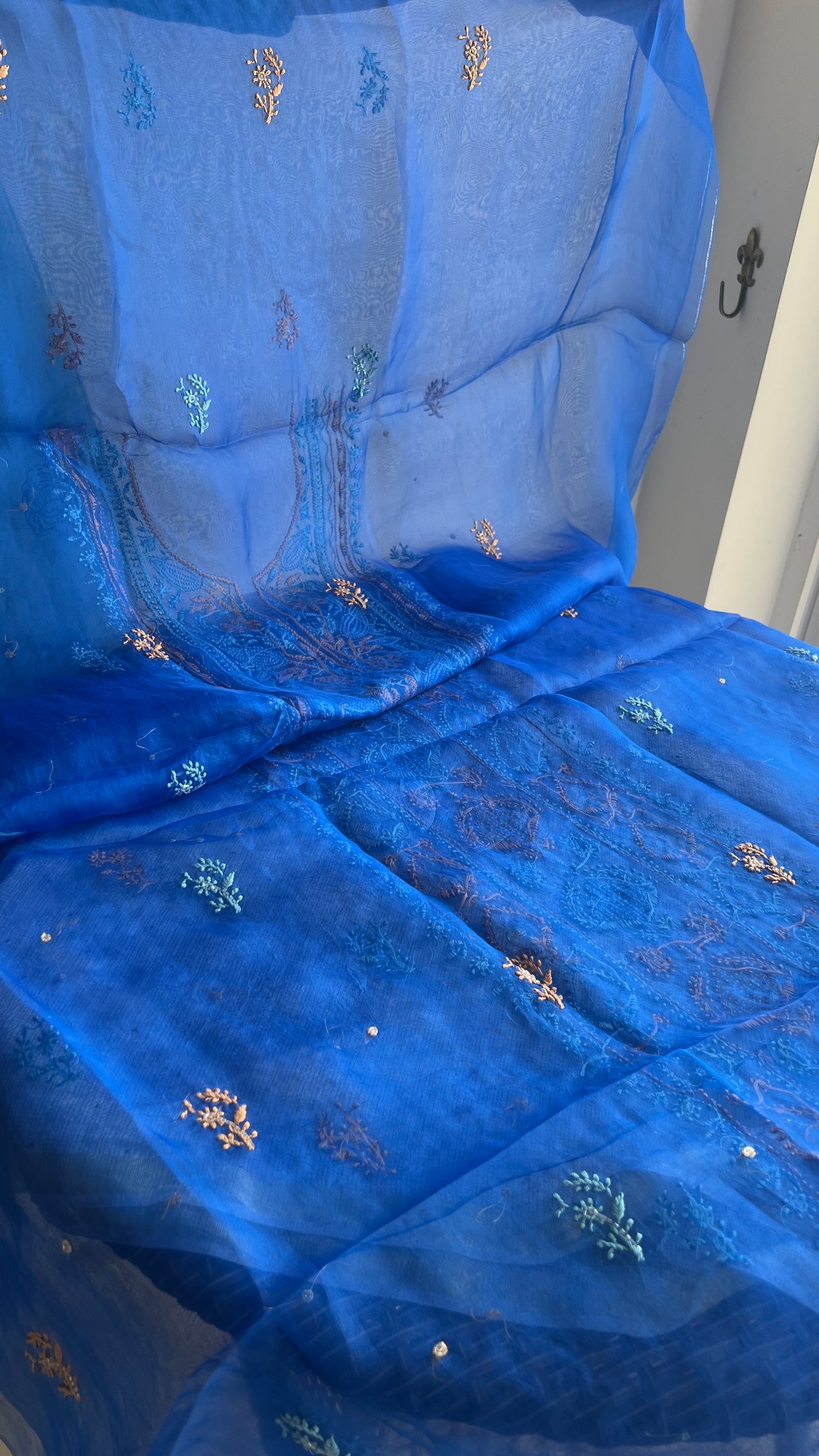 Royal Blue Chikankari pearl sequins pure Organza kurta with dupatta