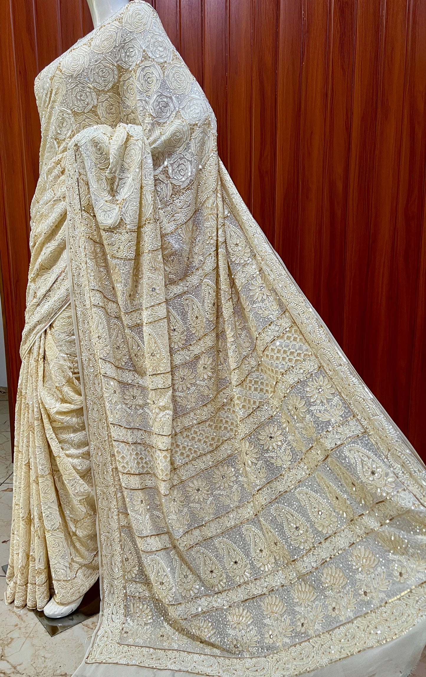Ruhani Ivory Chikankari Sequins Cut Dana Embroidered Masterpiece Saree