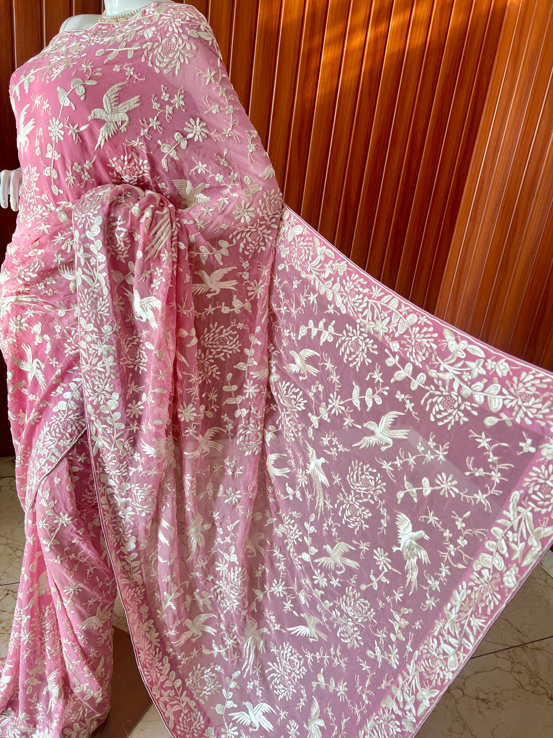 Rose Pink Saree in Satin Silk with Parsi Gara Embroidery Border