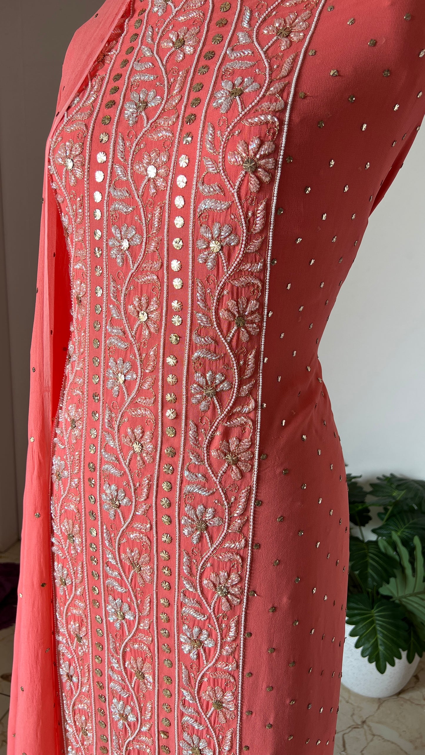 Coral peach mukaish pearl and cut Dana work Kurta and Dupatta