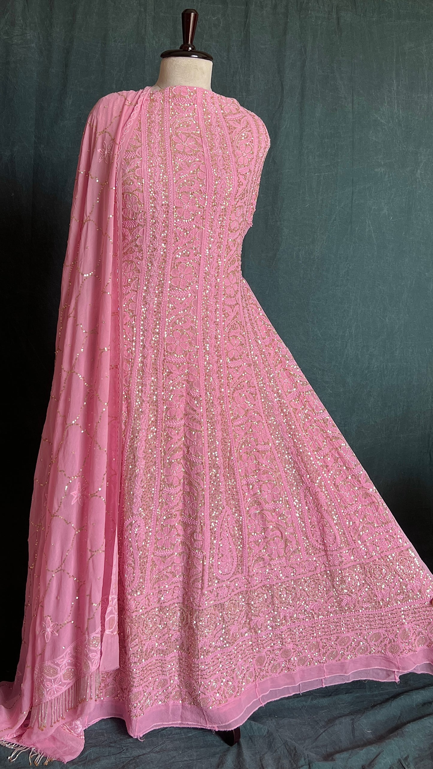 Ruhani Rose Pink Chikankari sequins cut Dana Anarkali