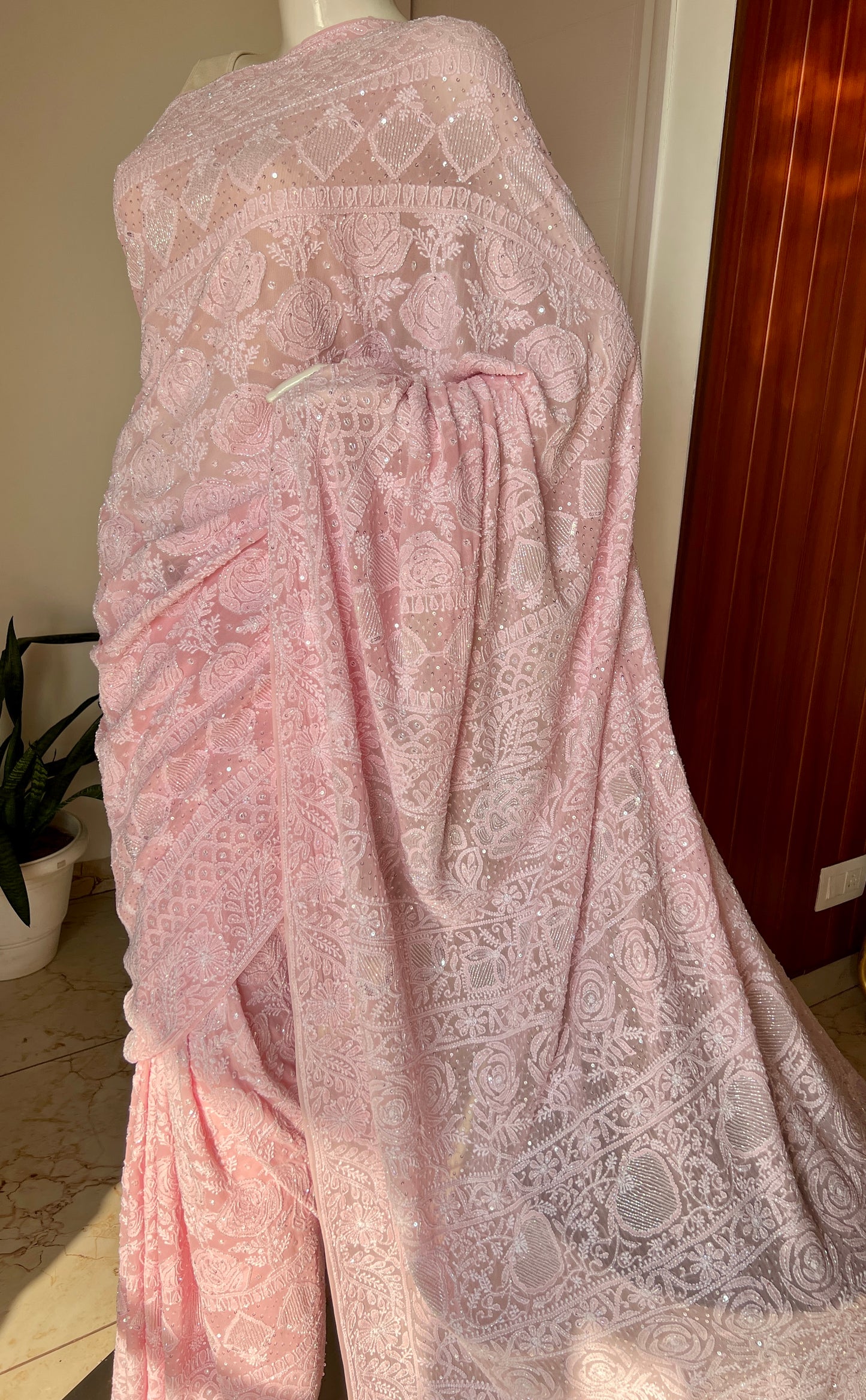 Ruhani Blush Pink Chikankari Cut Dana and Sequins Saree
