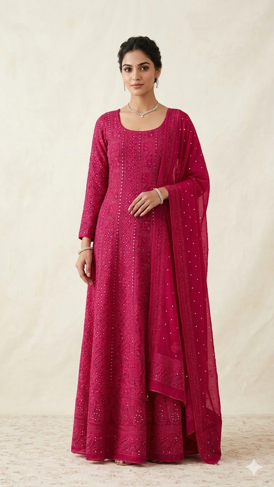 Hot Pink allover Chikankari and mukaish anarkali with dupatta