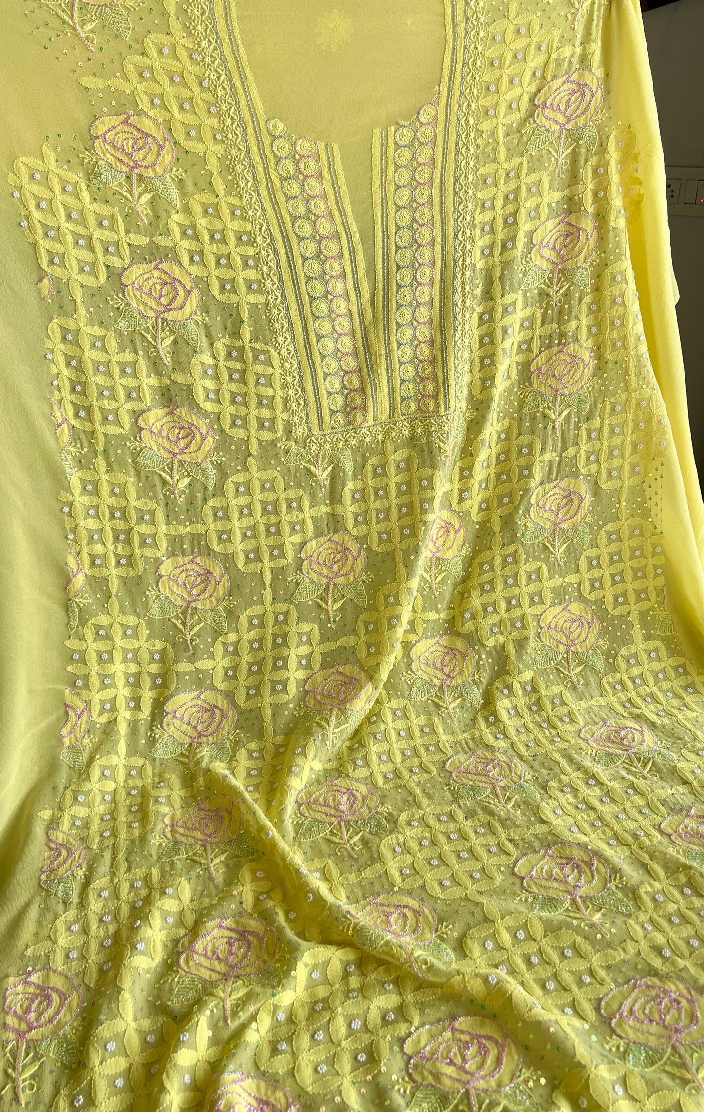 Ruhani Bright Yellow Chikankari pearl cut dana Kurta and Dupatta