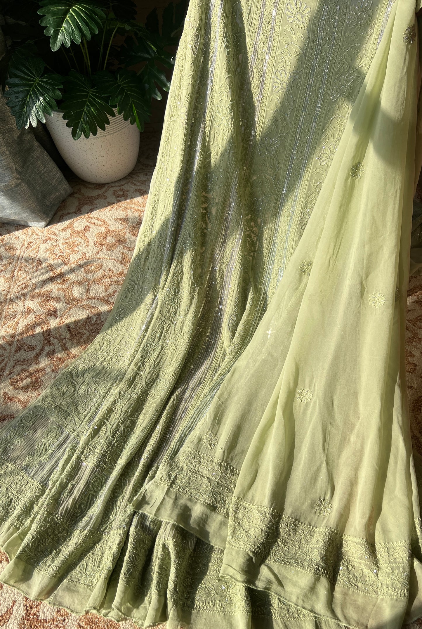 Light Mehndi green Chikankari Cut Dana Sequins Anarkali