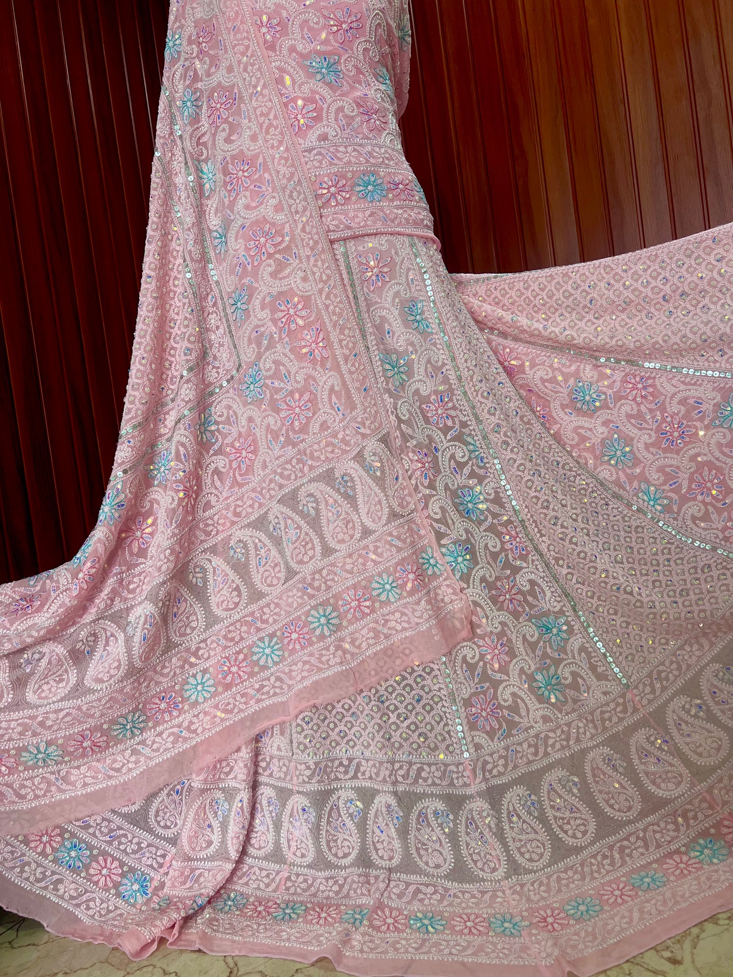 Peachy Pink Ruhani Chikankari Pearl Sequins Gota and Multicolored Aari Work Wedding Lehenga
