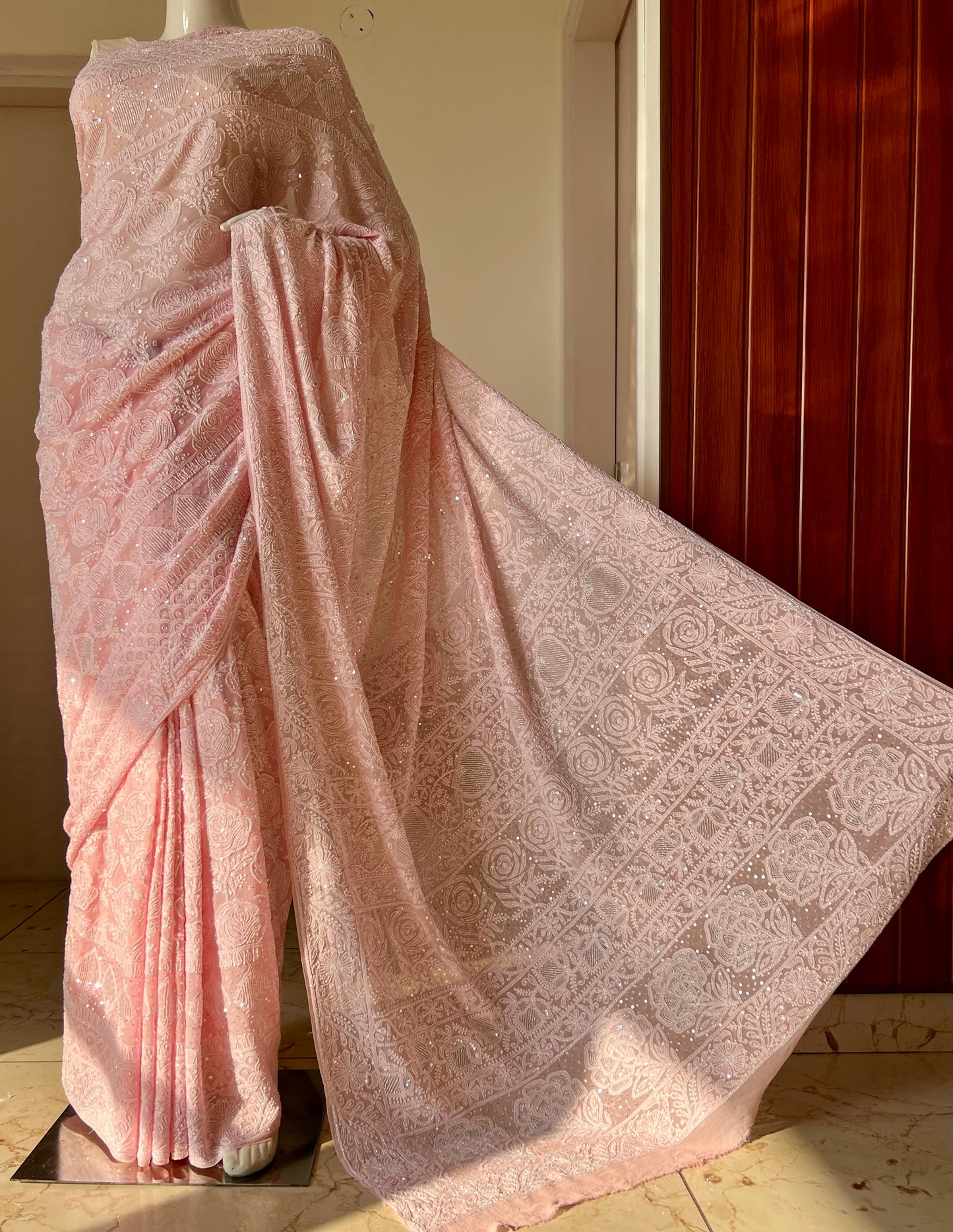 Ruhani Blush Pink Chikankari Cut Dana and Sequins Saree