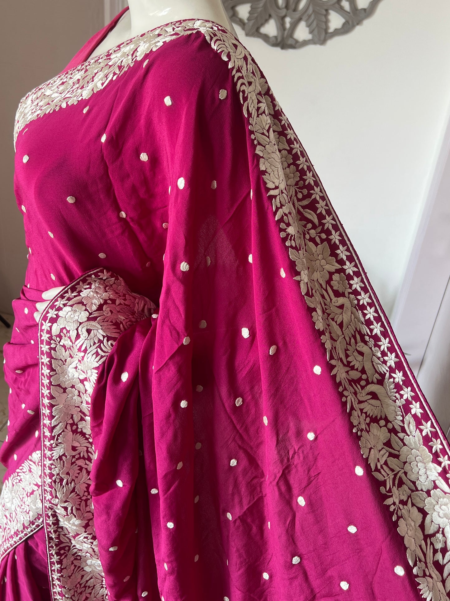 Fuchsia Pink Pure Crepe Parsi Gara Hand Embroidered Saree