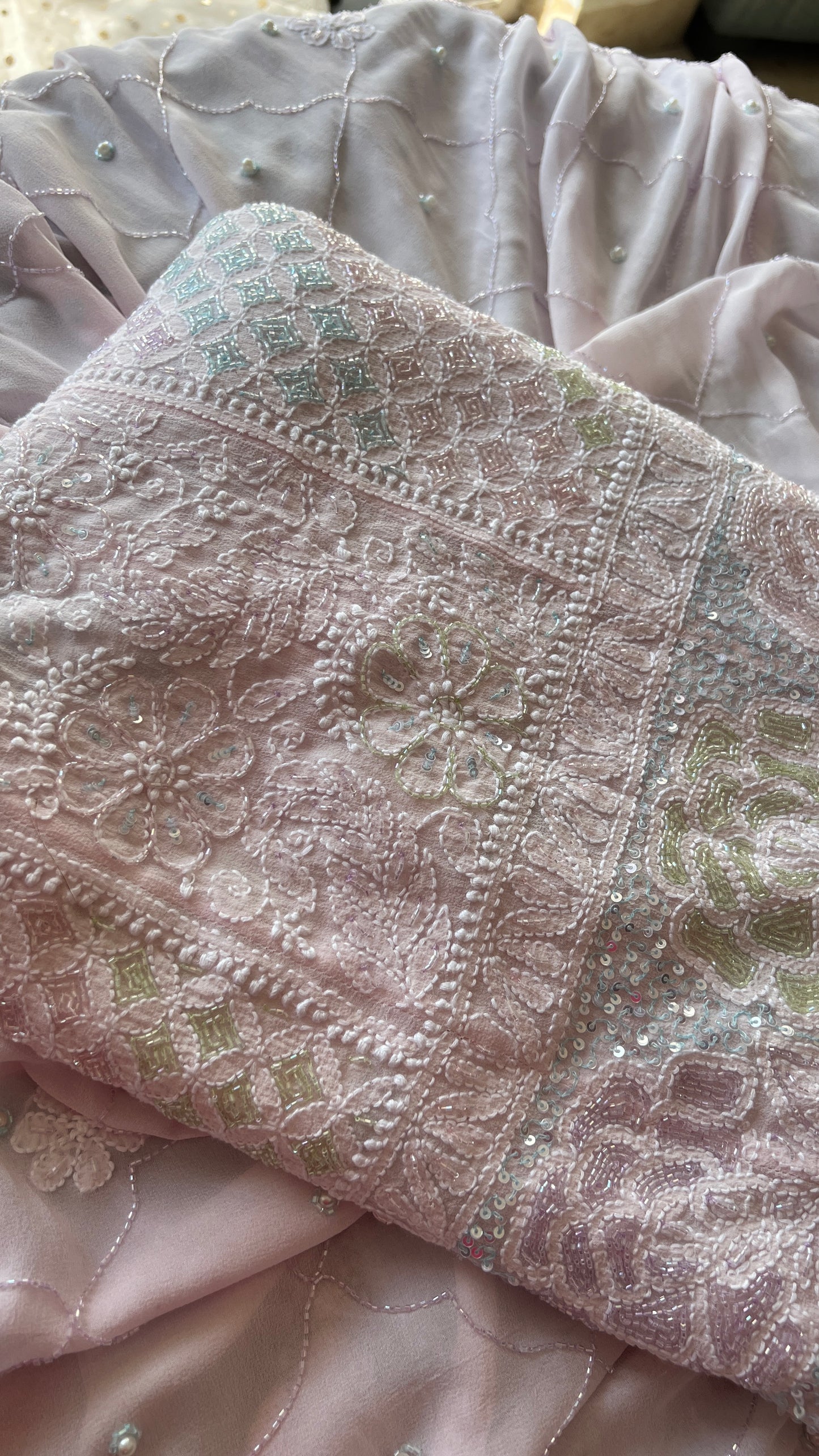 Ruhani Light Pink Chikankari multicolored Sequins and Cut Dana Anarkali