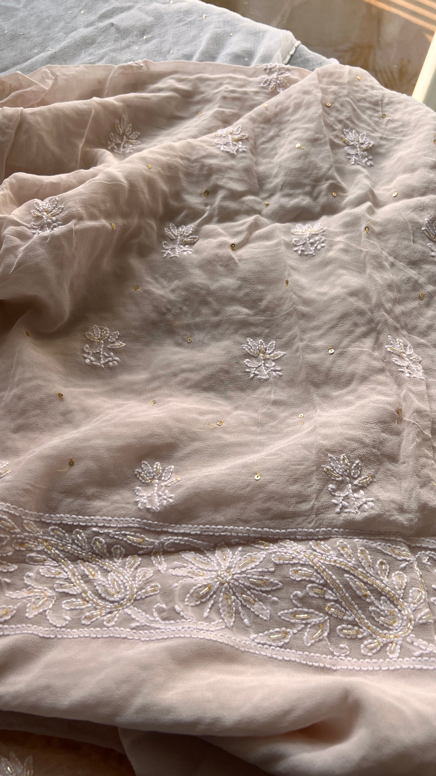 Ruhani Ivory Pink Chikankari golden cut dana sequins kurta and dupatta