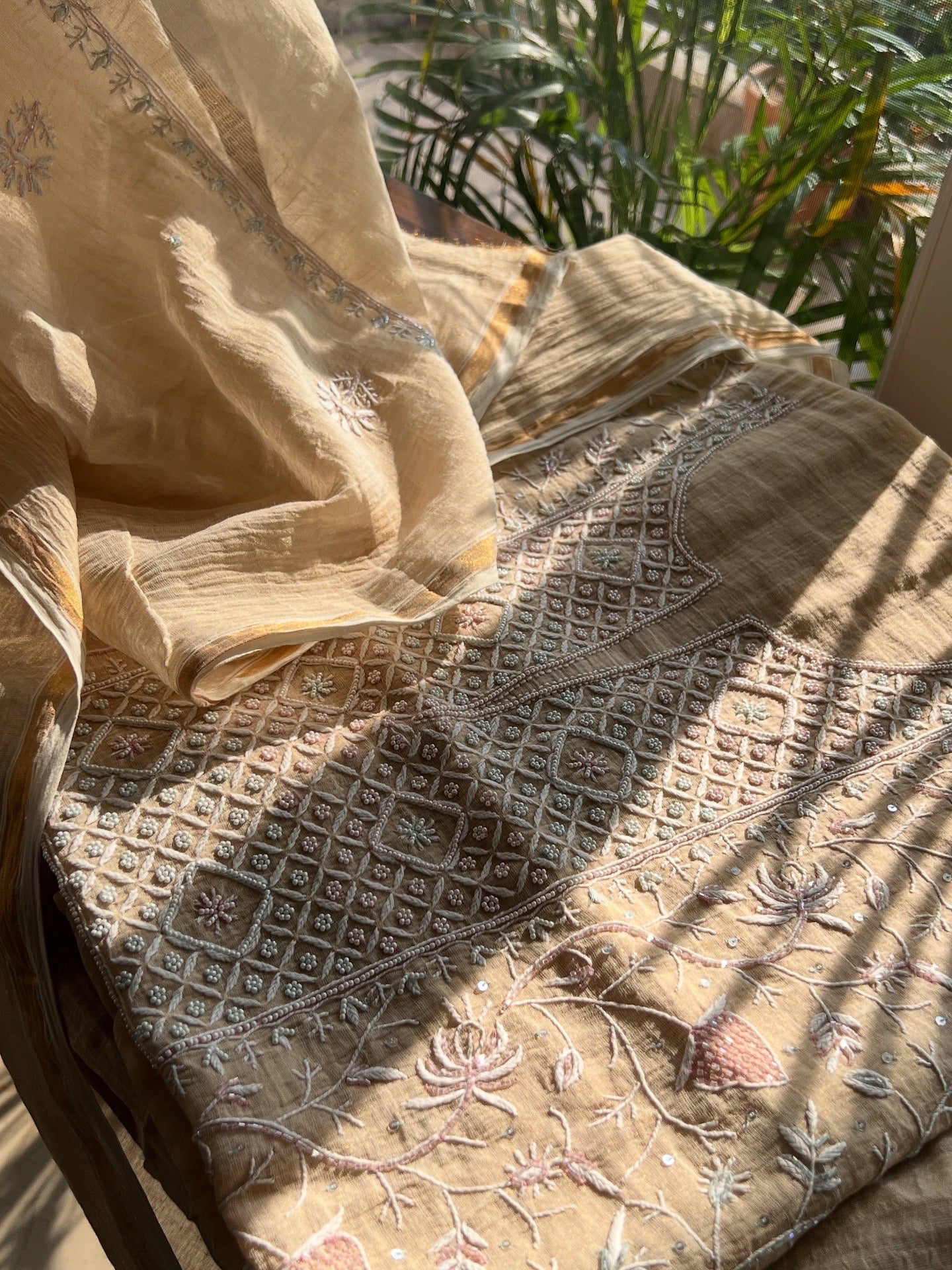 Pure Tissue Chikankari cut Dana and pearl embroidered kurta and dupatta