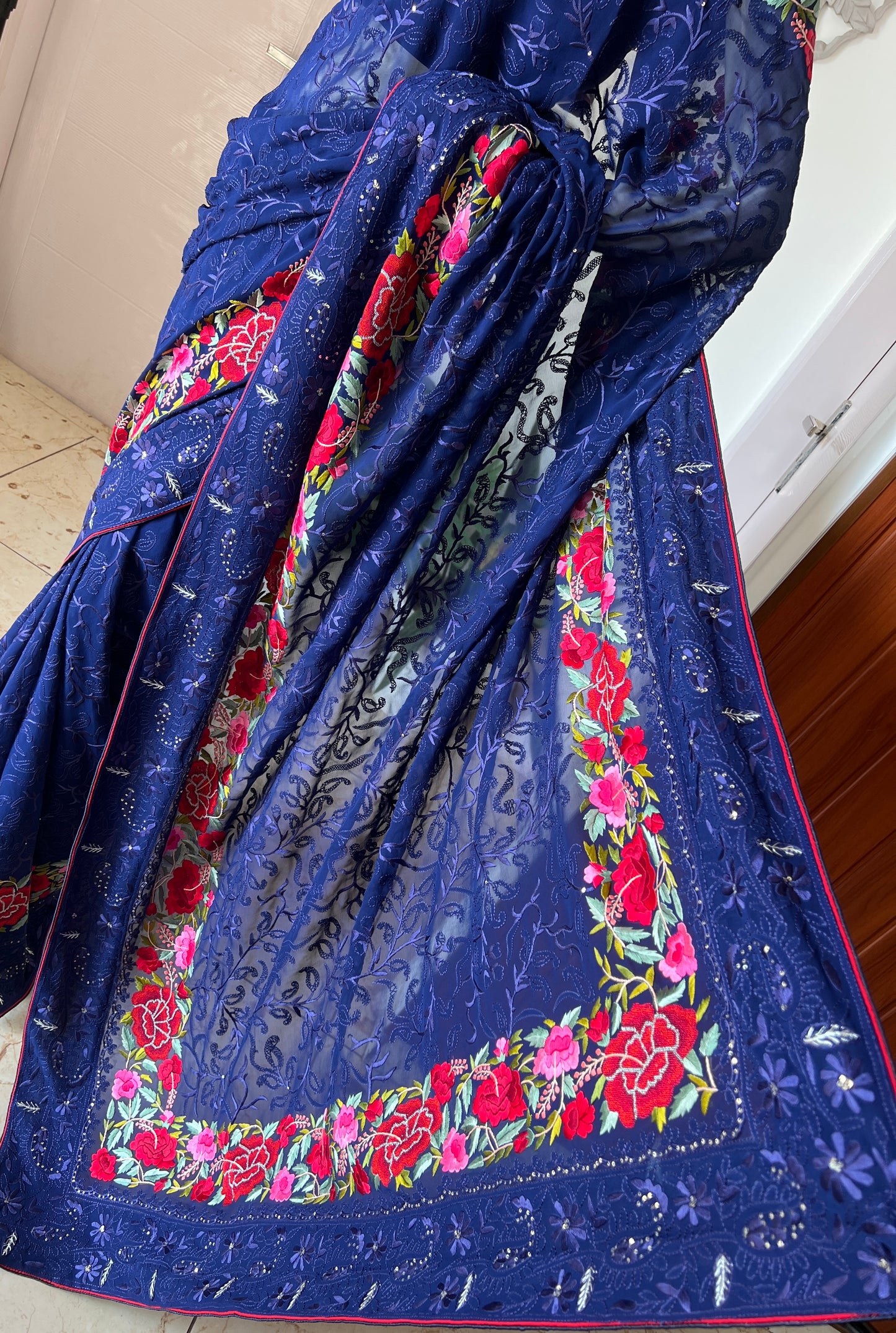 Navy Blue Pure Georgette saree with allover Parsi gara and french knot hand embroidery