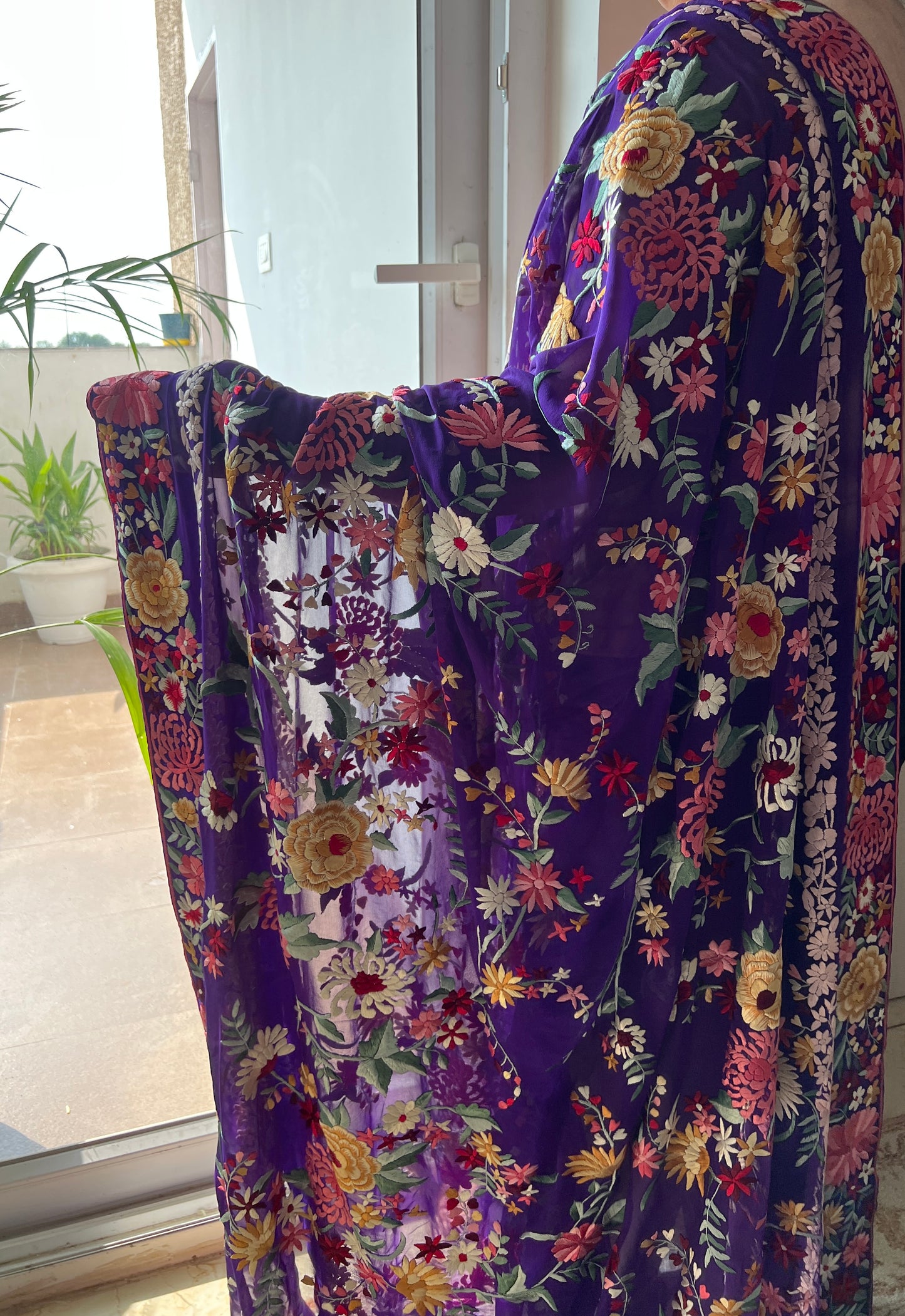 Aubergine purple floral Masterpiece Parsi Gara Pure Georgette Saree