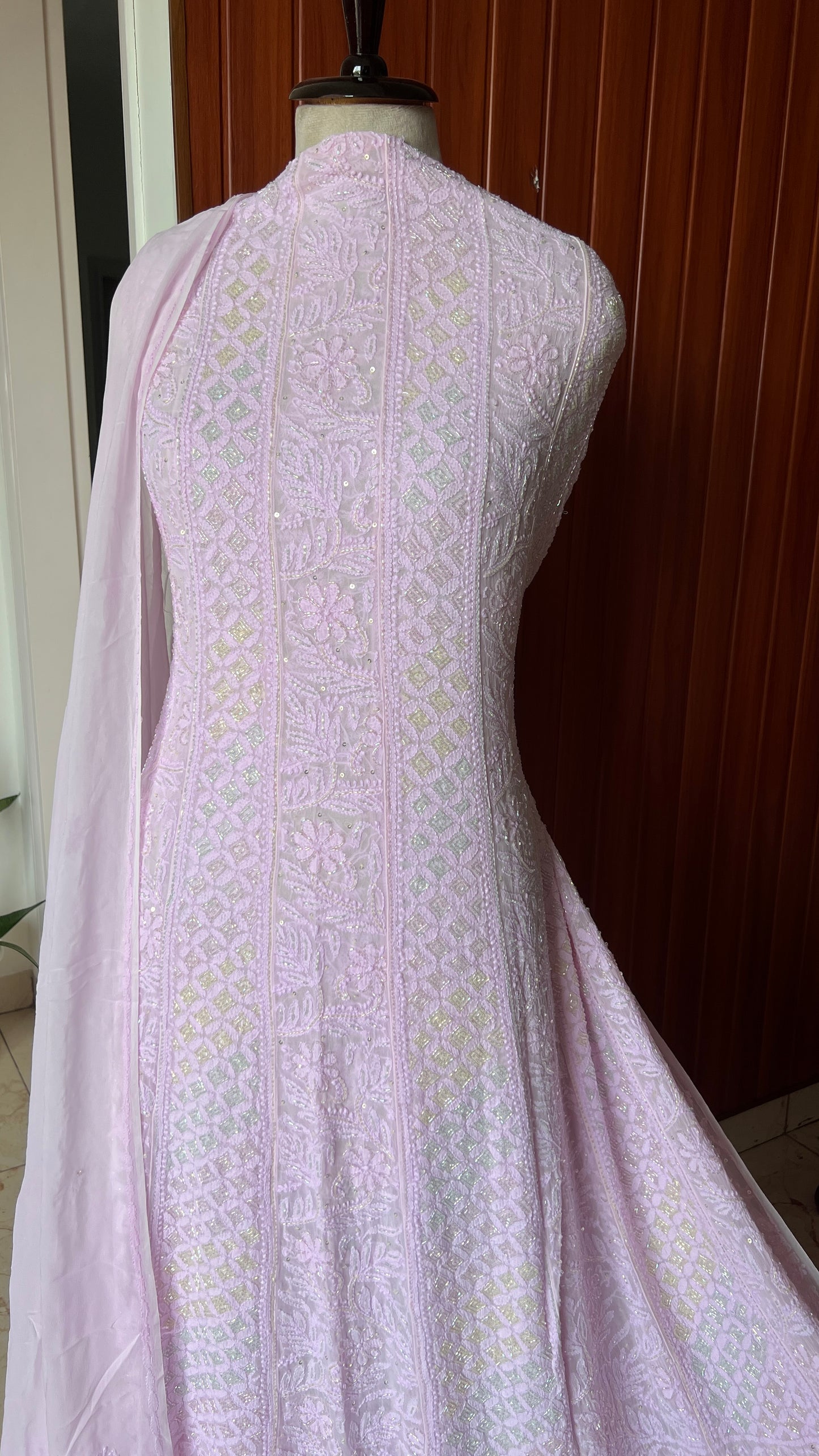 Light pink Chikankari and multi Cut Dana Embroidered Anarkali with Dupatta