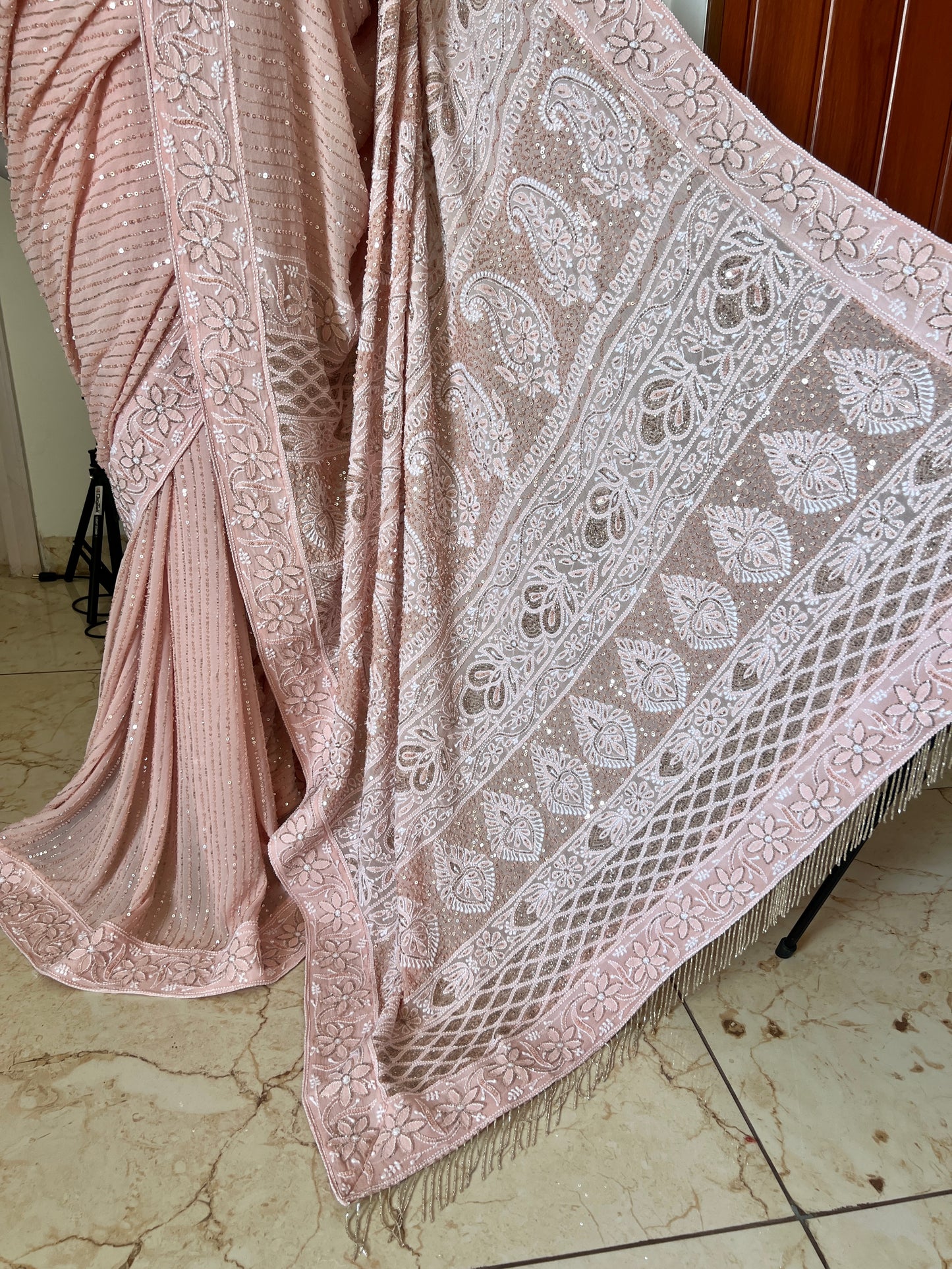 Ruhani Old Rose Chikankari Cut Dana and sequins Saree