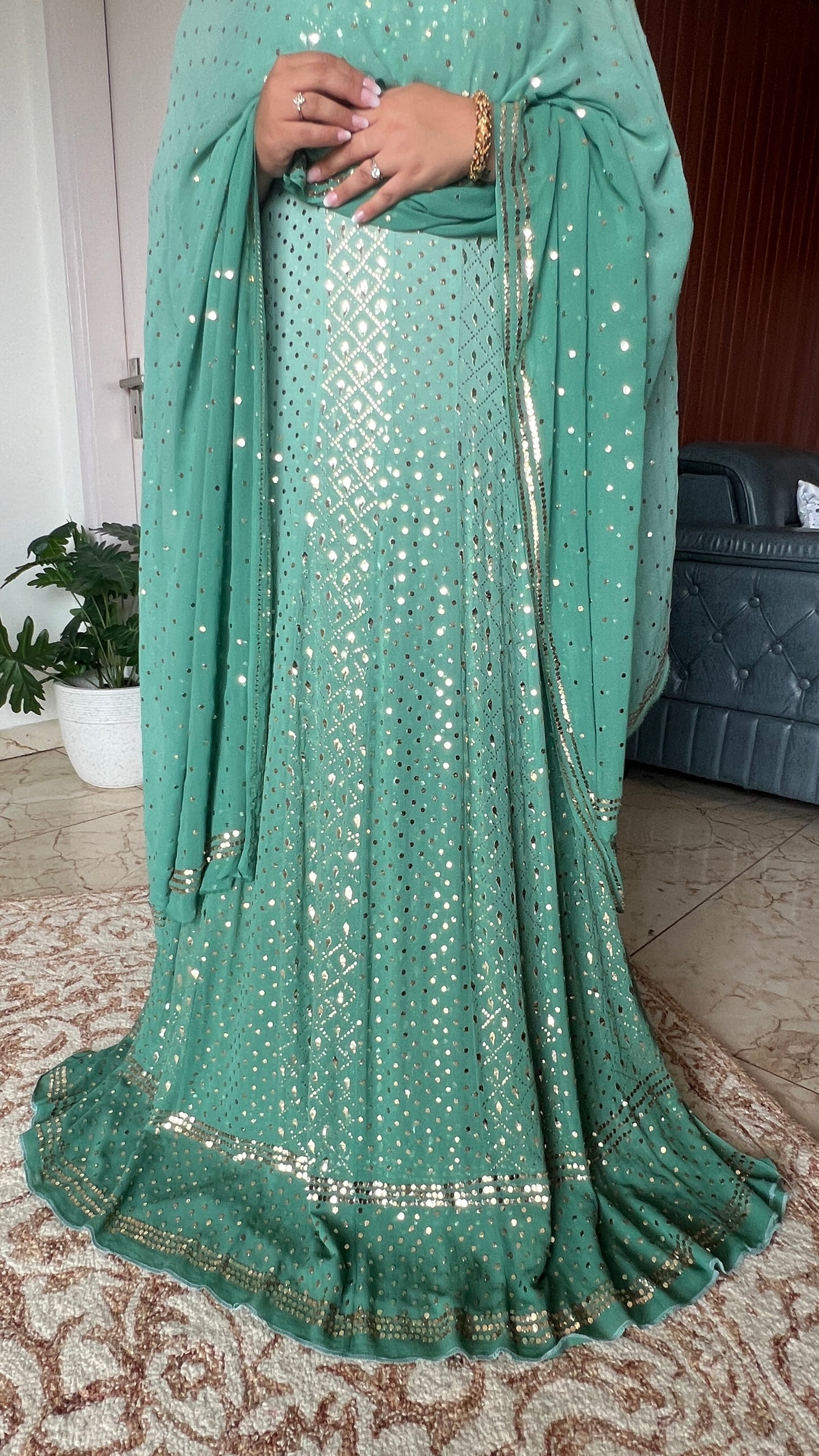 Ruhani Sage green Heavy Mukaish Pure Georgette Anarkali and Dupatta