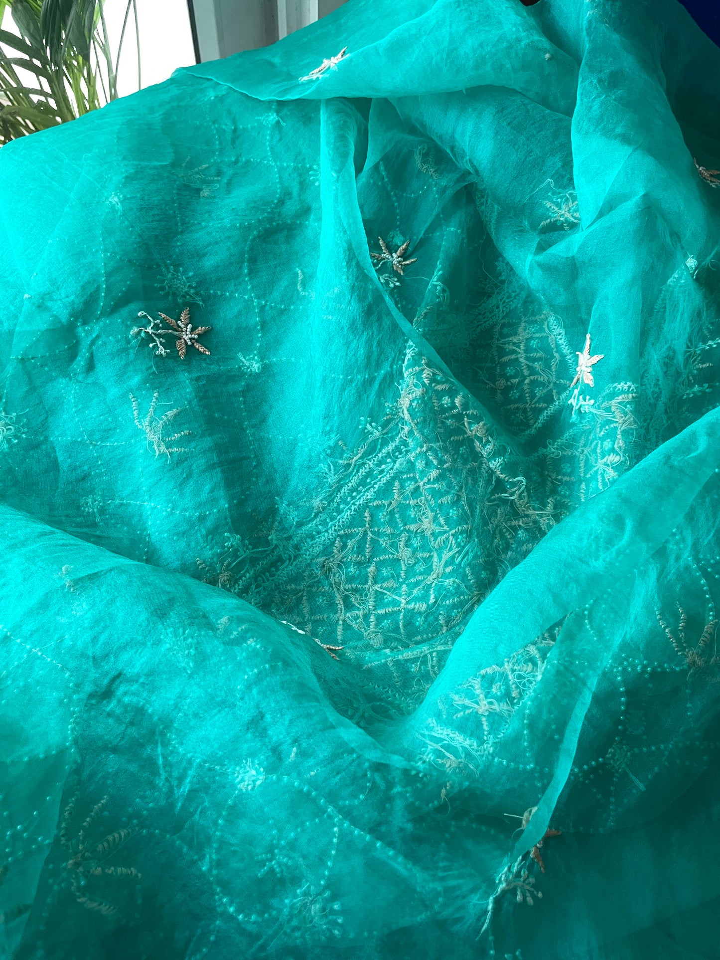 Turquoise green Chikankari pearl cut Dana pure Organza kurta with dupatta