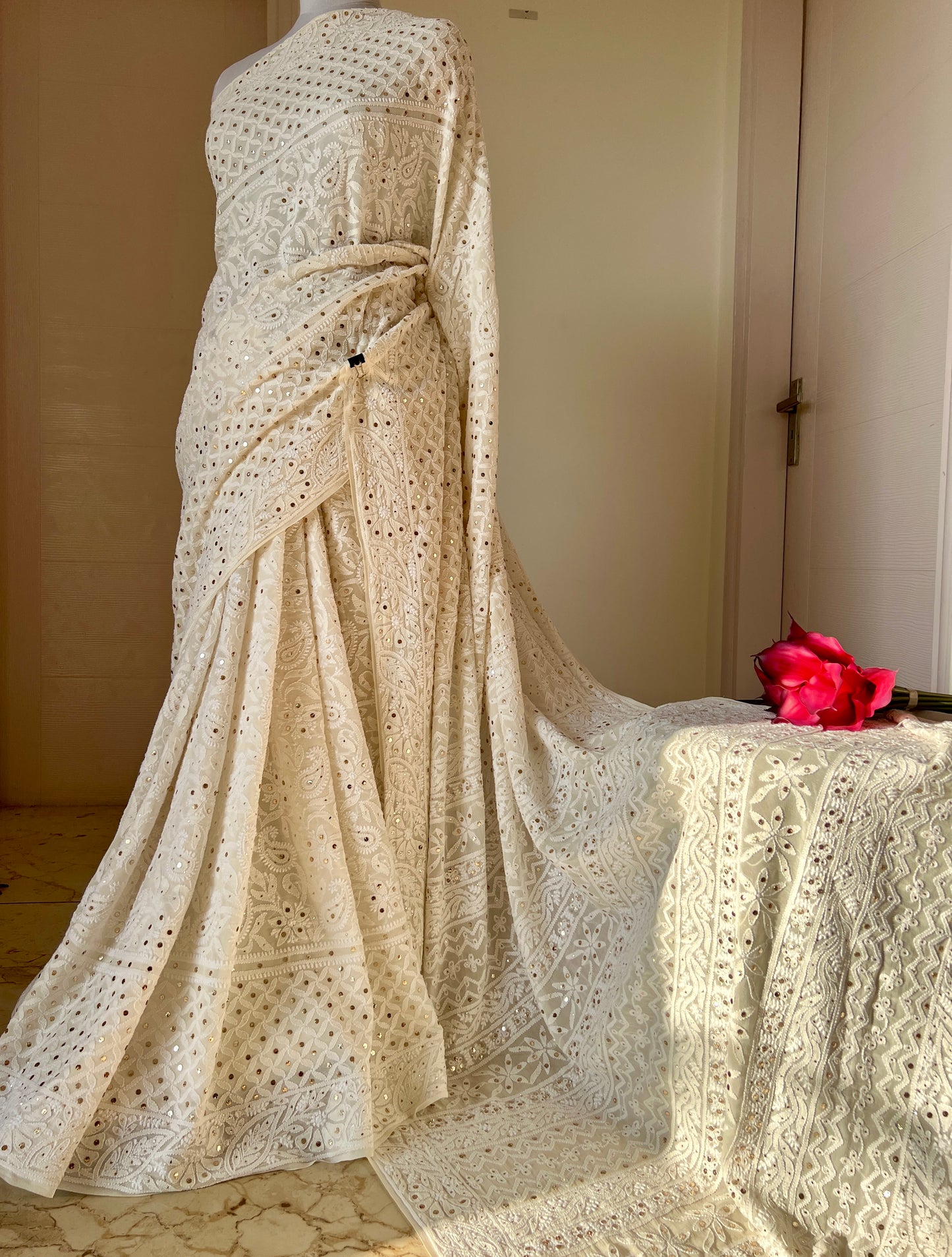 Ivory Ruhani Allover Designer Chikankari and Mukaish Saree