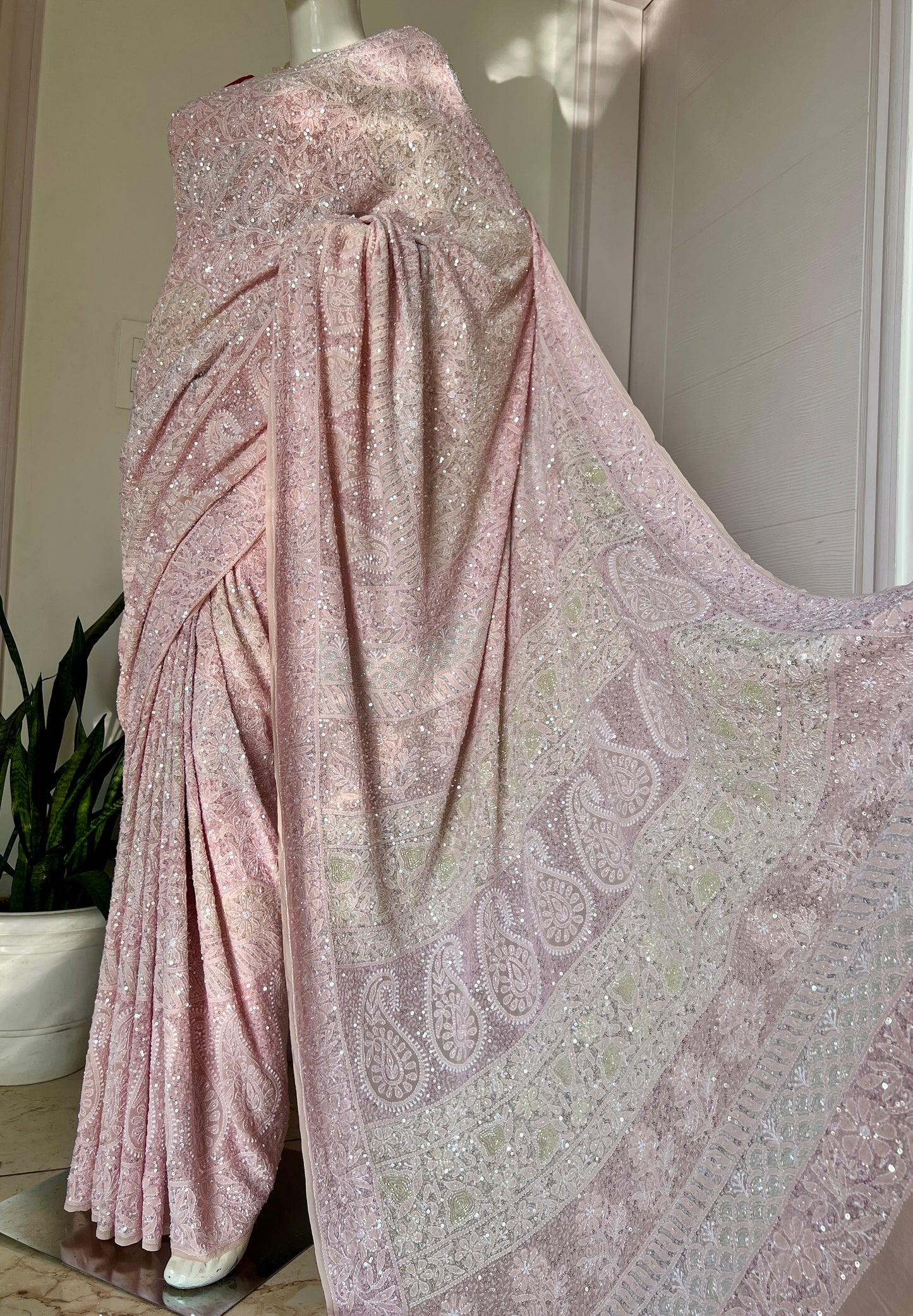 Ruhani Blush Pink Chikankari Multi Cut Dana and Sequins Saree