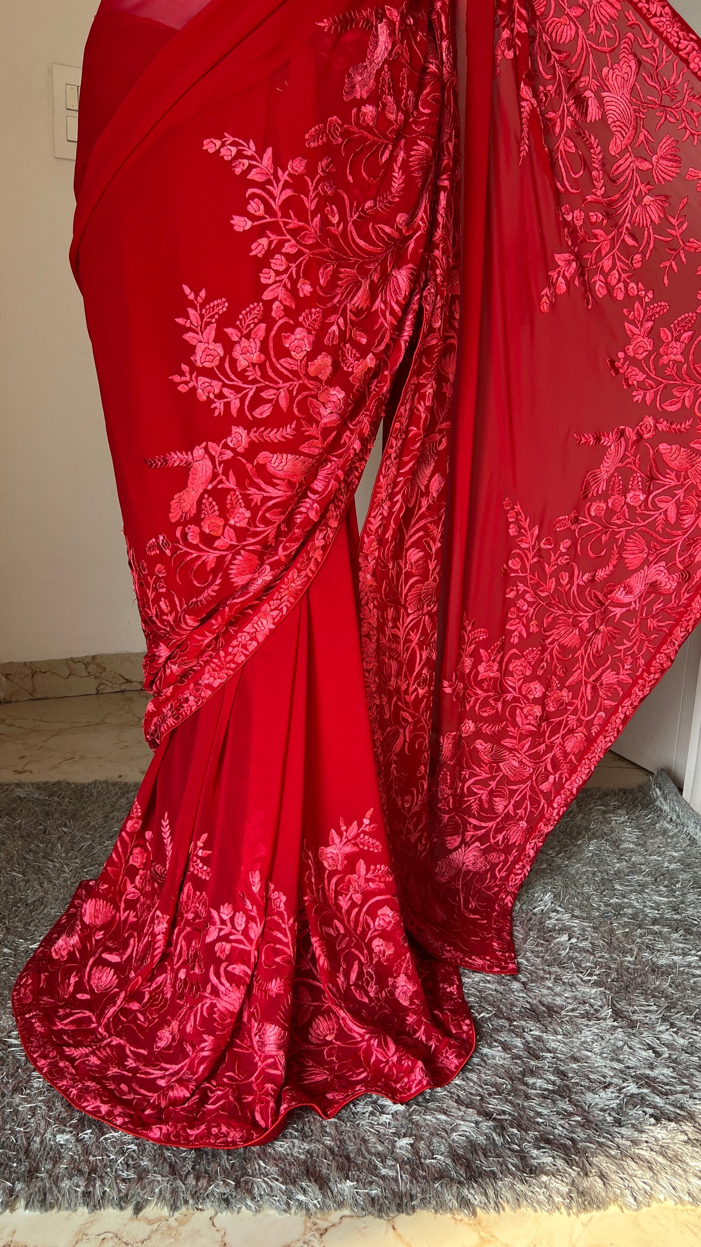 Roja Red pure georgette saree with parsi gara hand embroidery