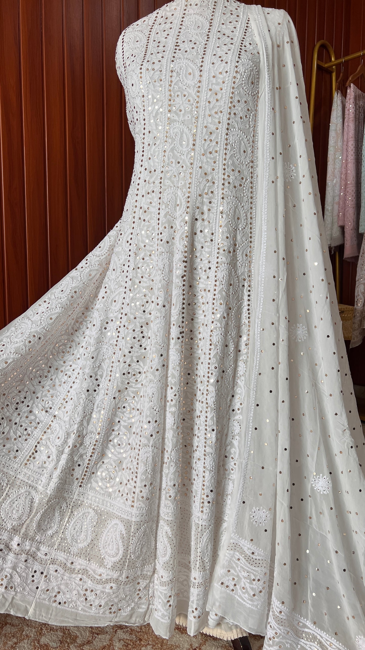 White allover Chikankari and mukaish anarkali with dupatta