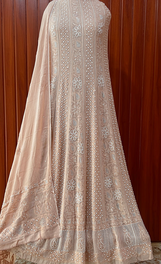 Cocoa powder brown Chikankari Pearl sequins Anarkali with Dupatta