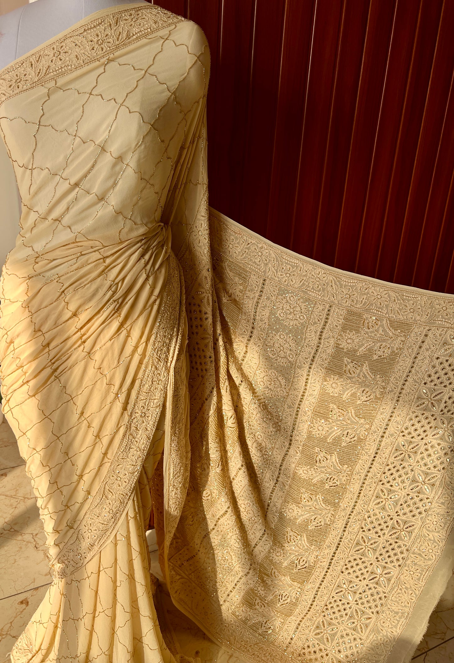 Ruhani Golden Chikankari Cut Dana and sequins Saree